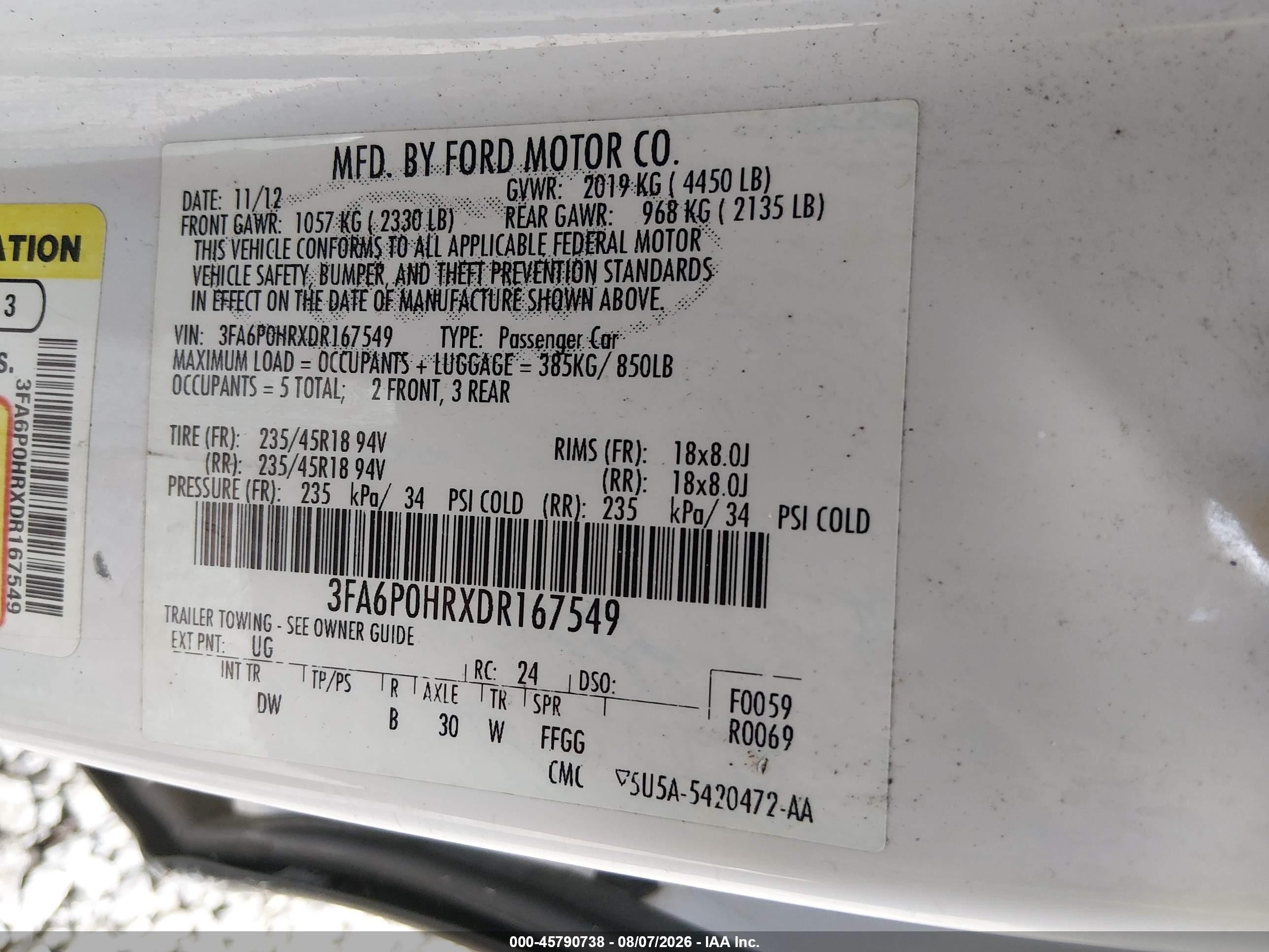 2013 Ford Fusion Se White vin: 3FA6P0HRXDR167549