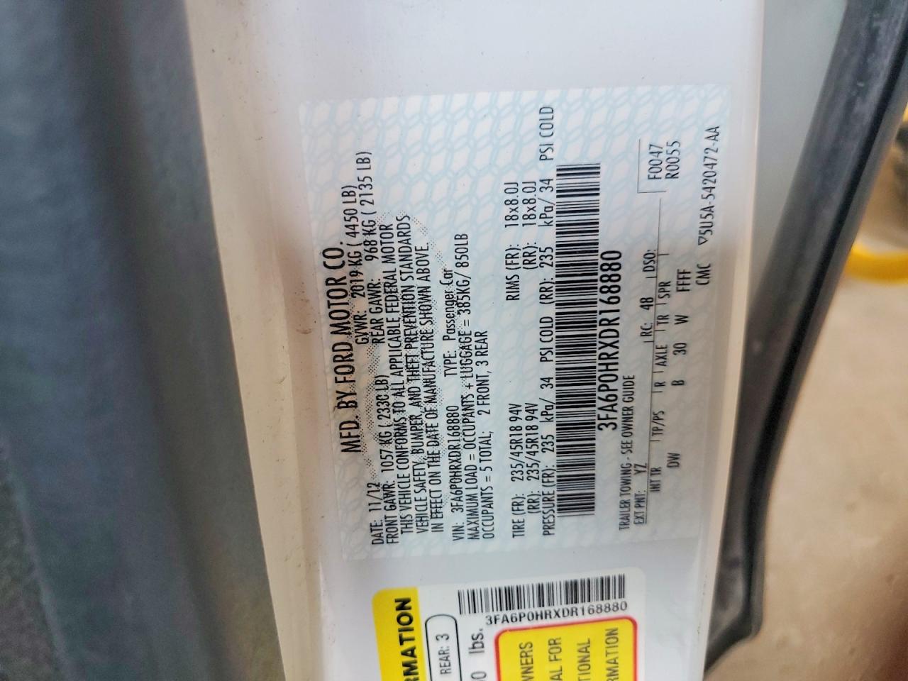 2013 Ford Fusion Se White vin: 3FA6P0HRXDR168880