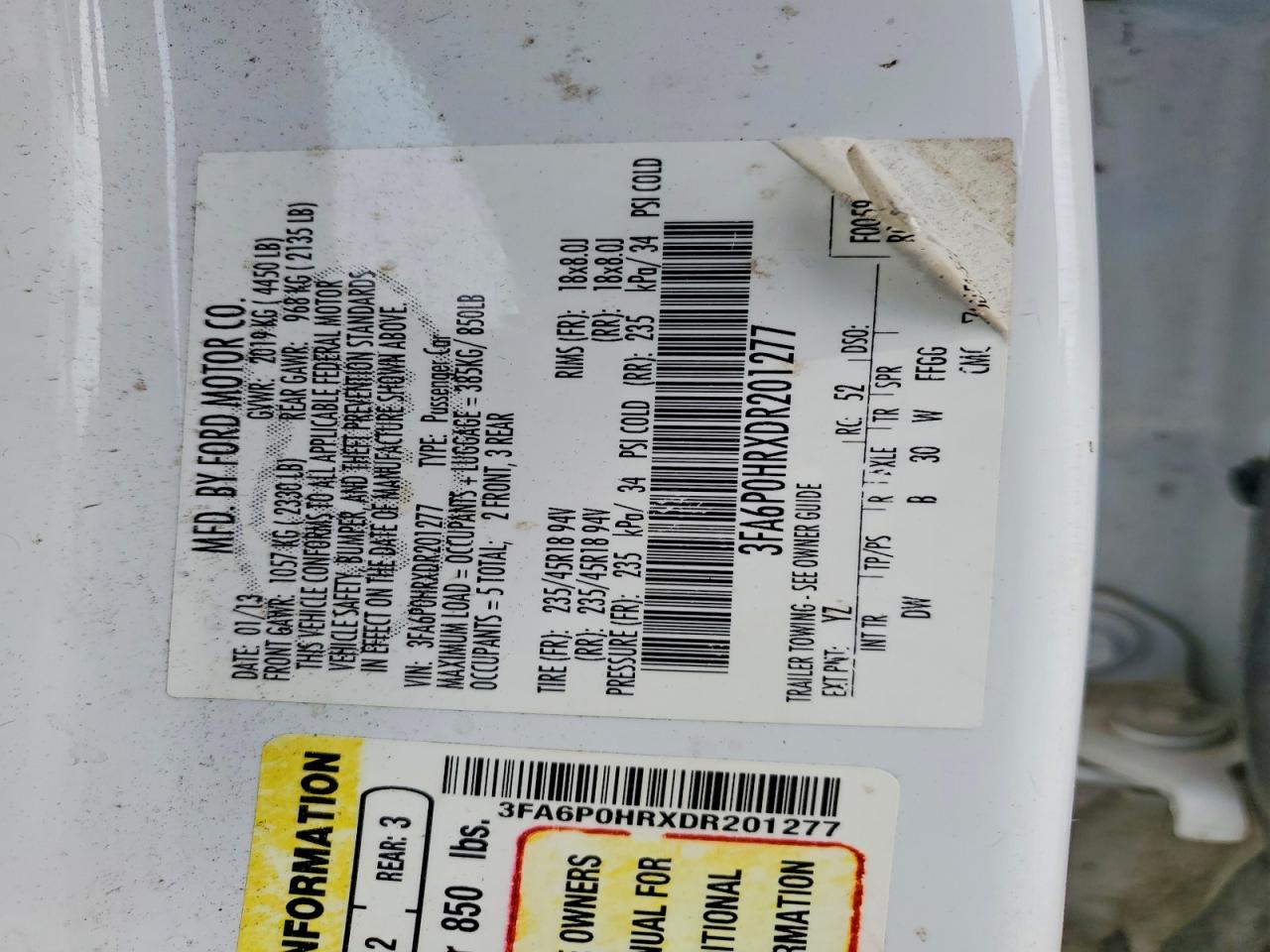 2013 Ford Fusion Se White vin: 3FA6P0HRXDR201277