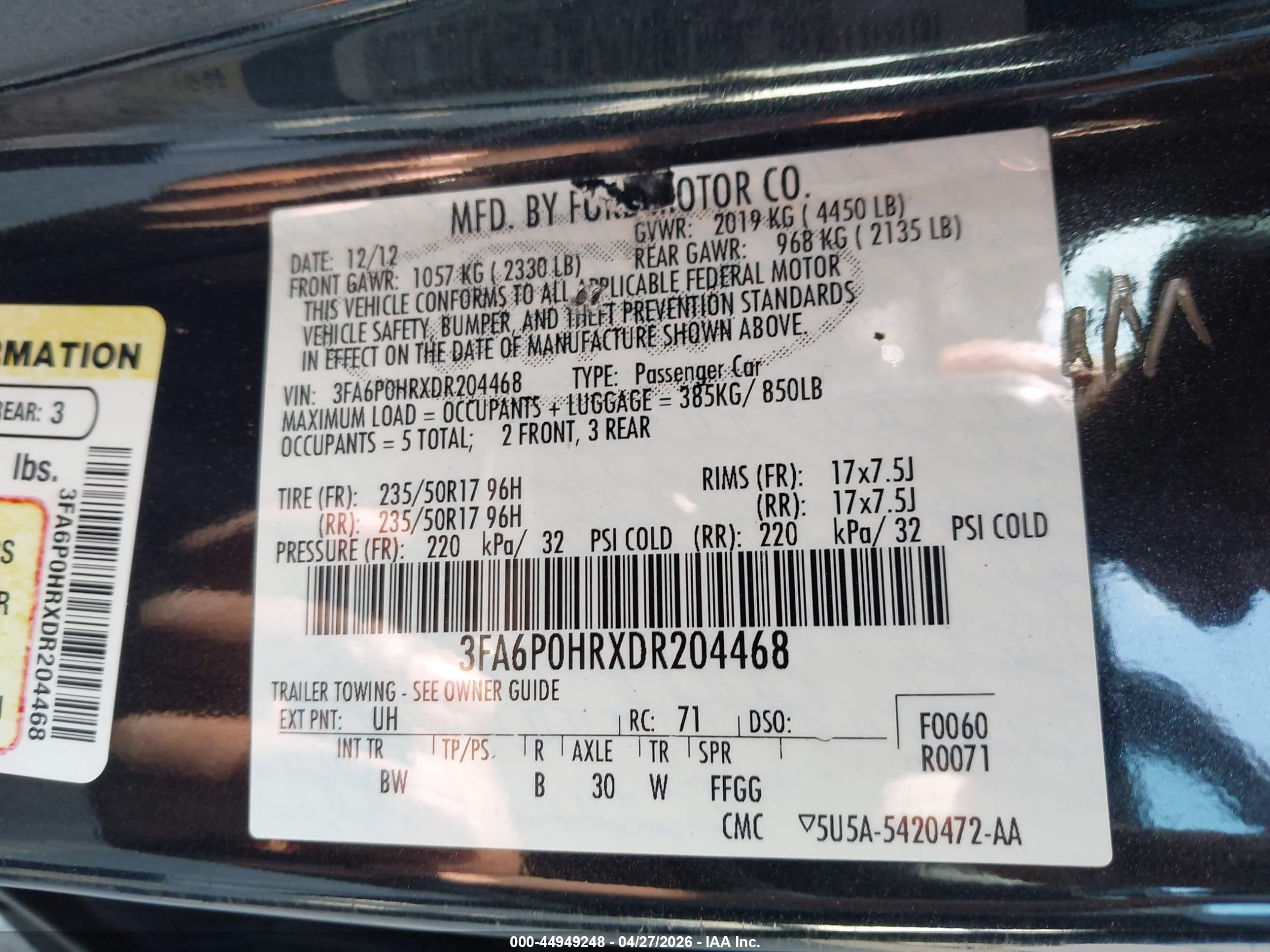 2013 Ford Fusion Se Black vin: 3FA6P0HRXDR204468