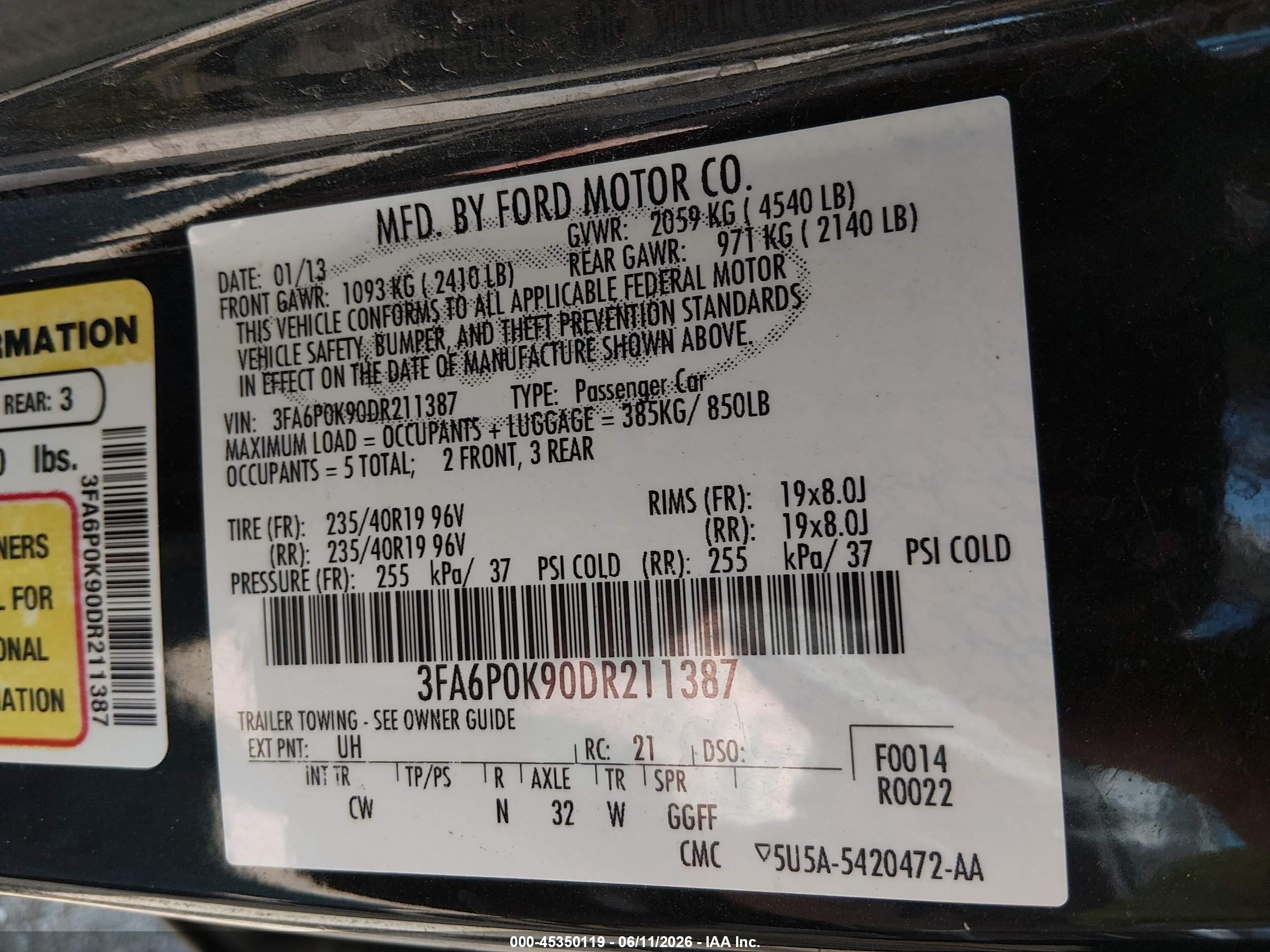2013 Ford Fusion Titanium Black vin: 3FA6P0K90DR211387