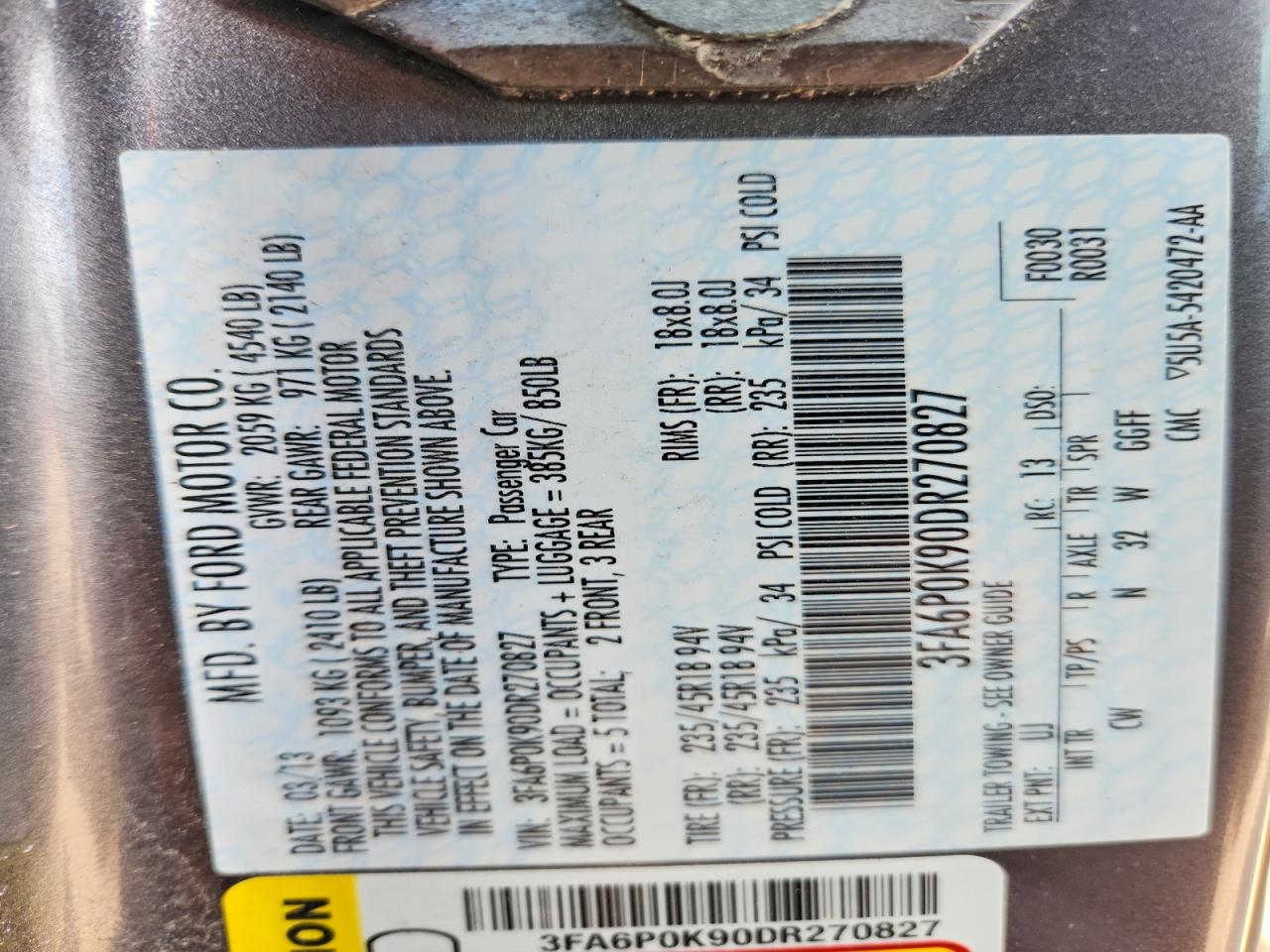 2013 Ford Fusion Titanium Gray vin: 3FA6P0K90DR270827