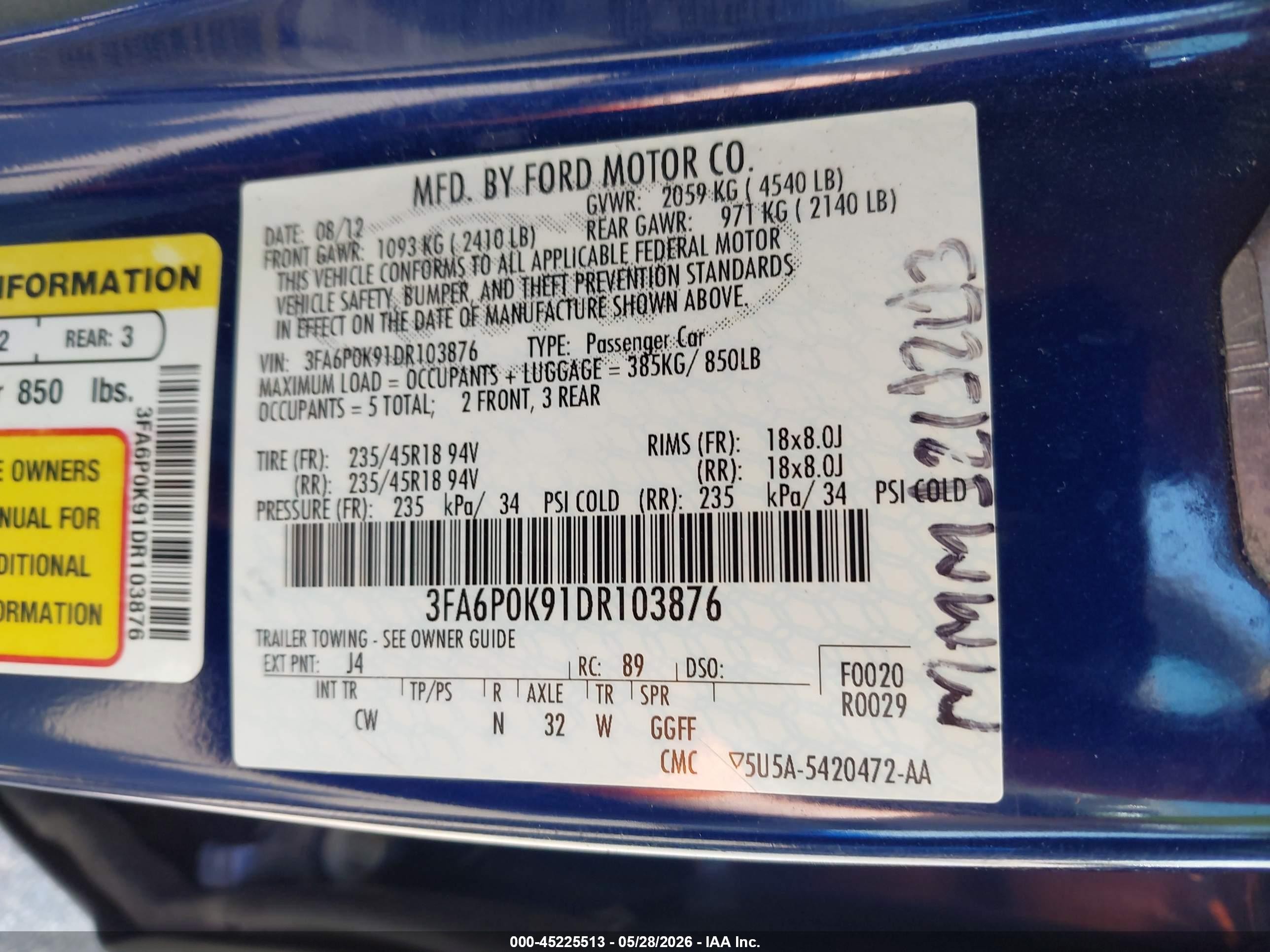 2013 Ford Fusion Titanium Blue vin: 3FA6P0K91DR103876