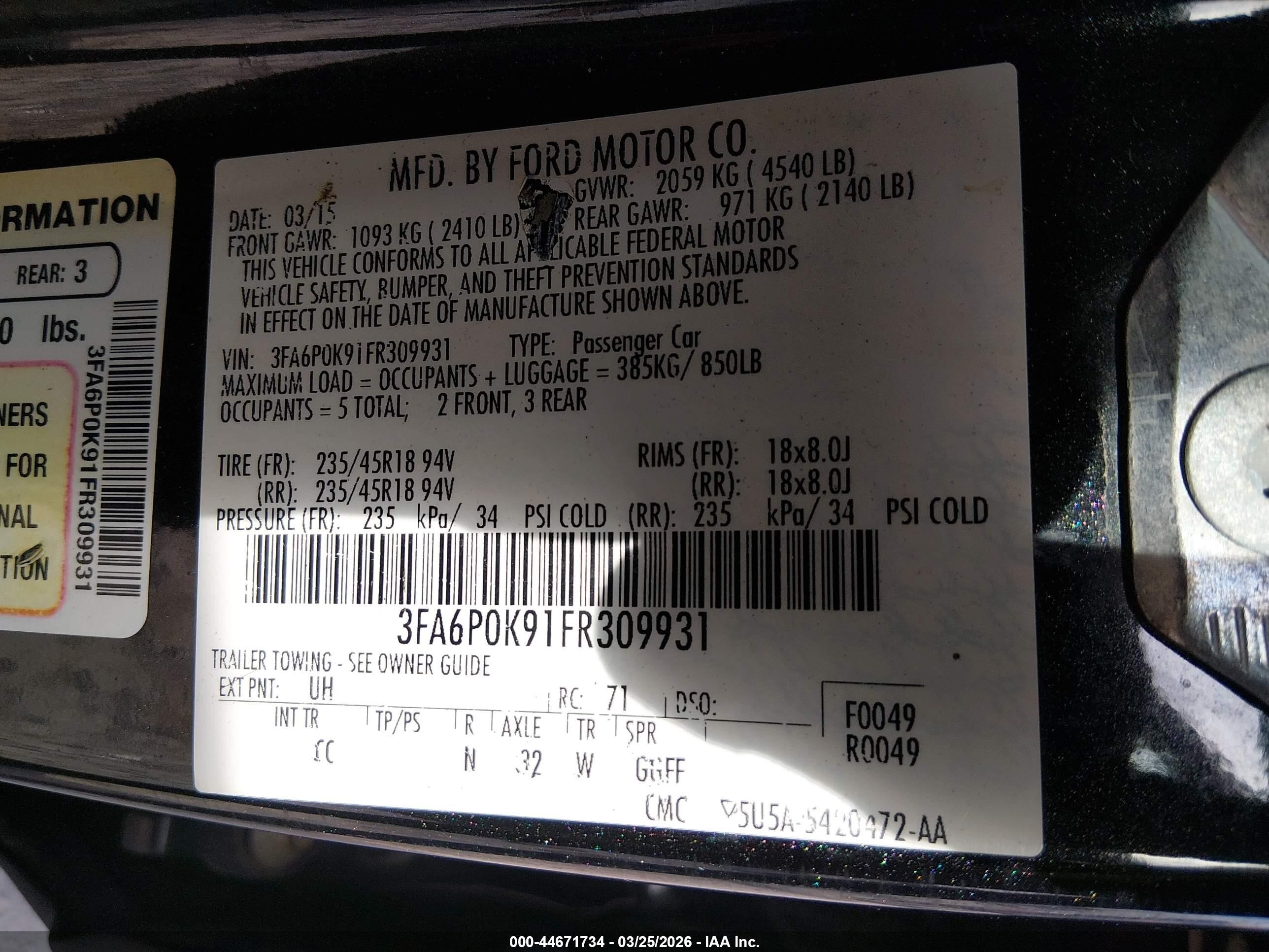 2015 Ford Fusion Titanium Black vin: 3FA6P0K91FR309931
