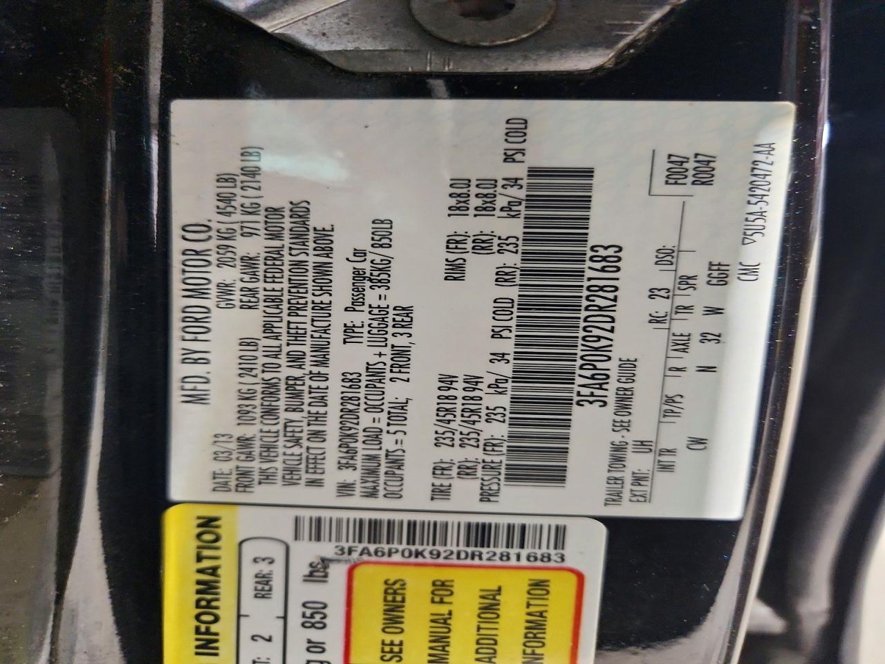 2013 Ford Fusion Black vin: 3FA6P0K92DR281683