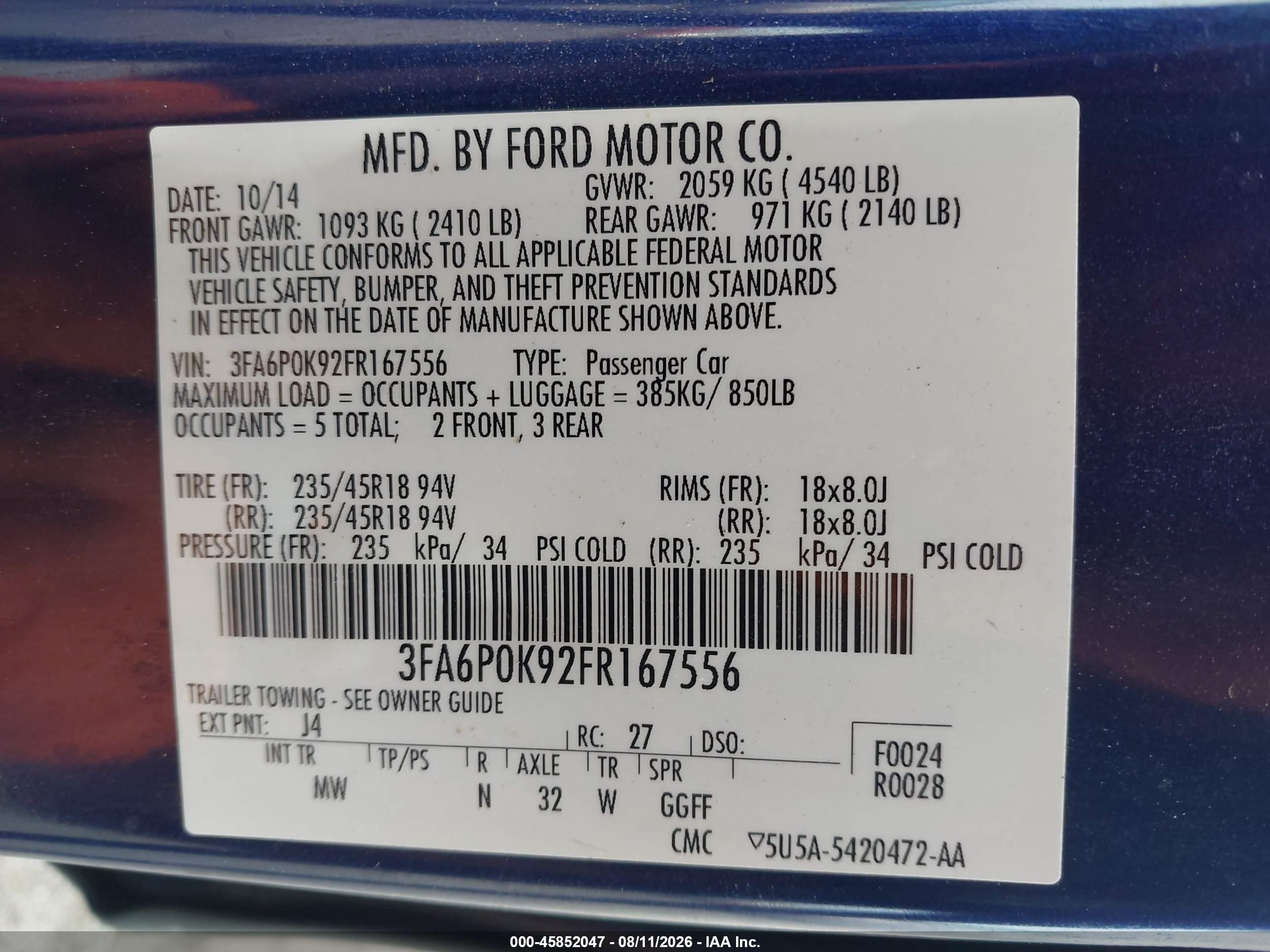 2015 Ford Fusion Titanium Blue vin: 3FA6P0K92FR167556