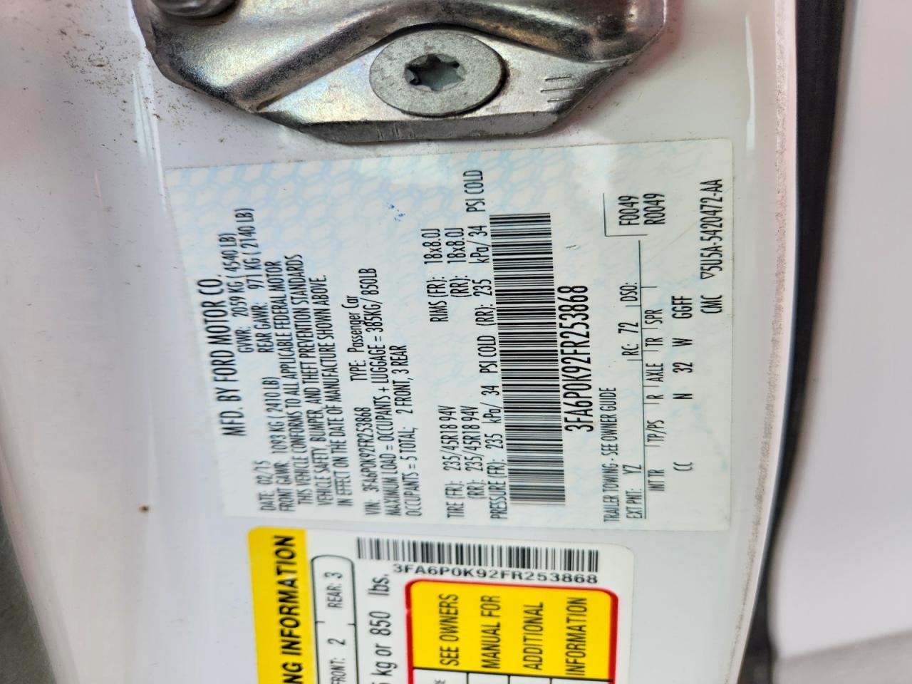 2015 Ford Fusion Titanium White vin: 3FA6P0K92FR253868