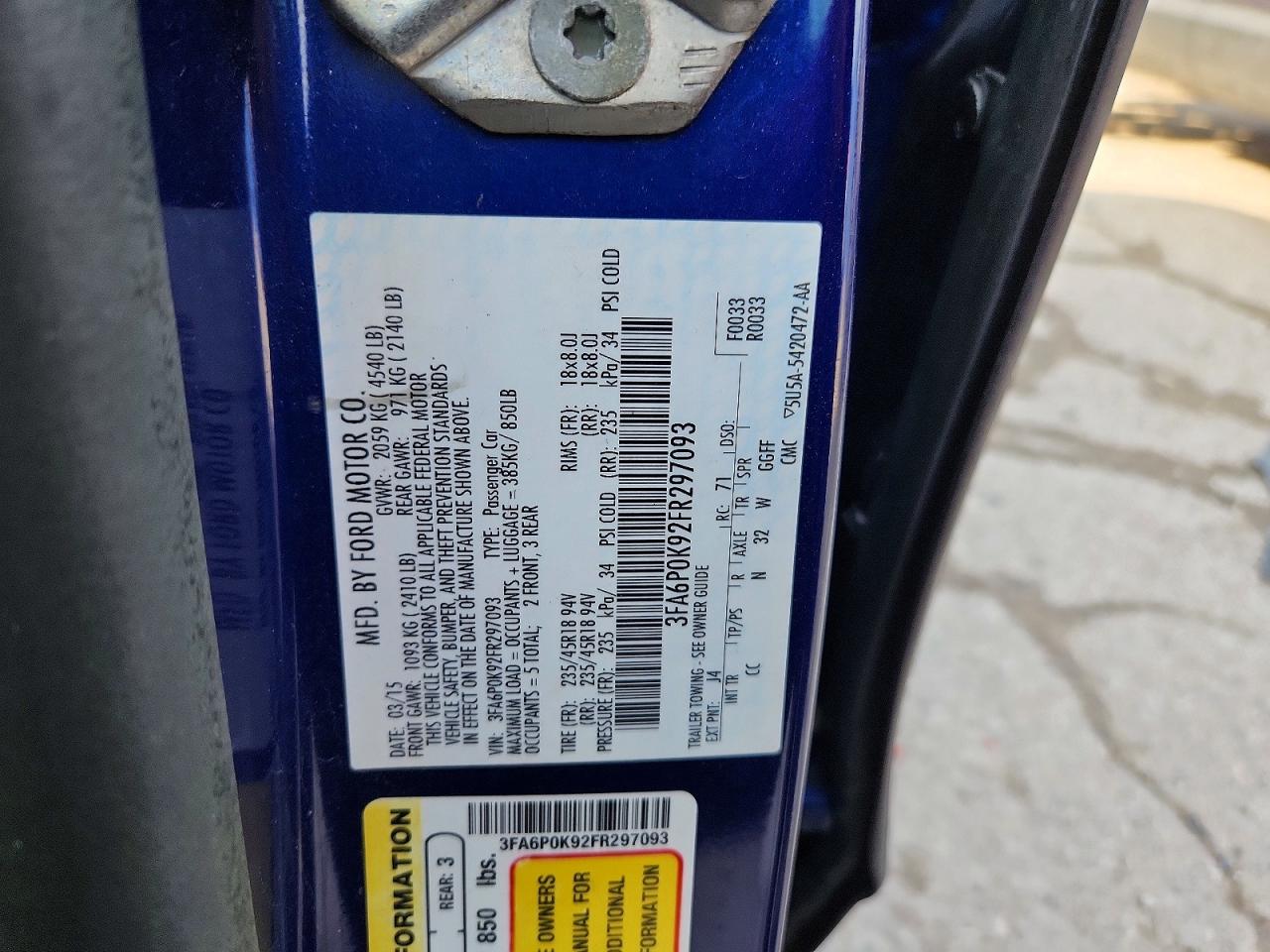 2015 Ford Fusion Titanium Blue vin: 3FA6P0K92FR297093