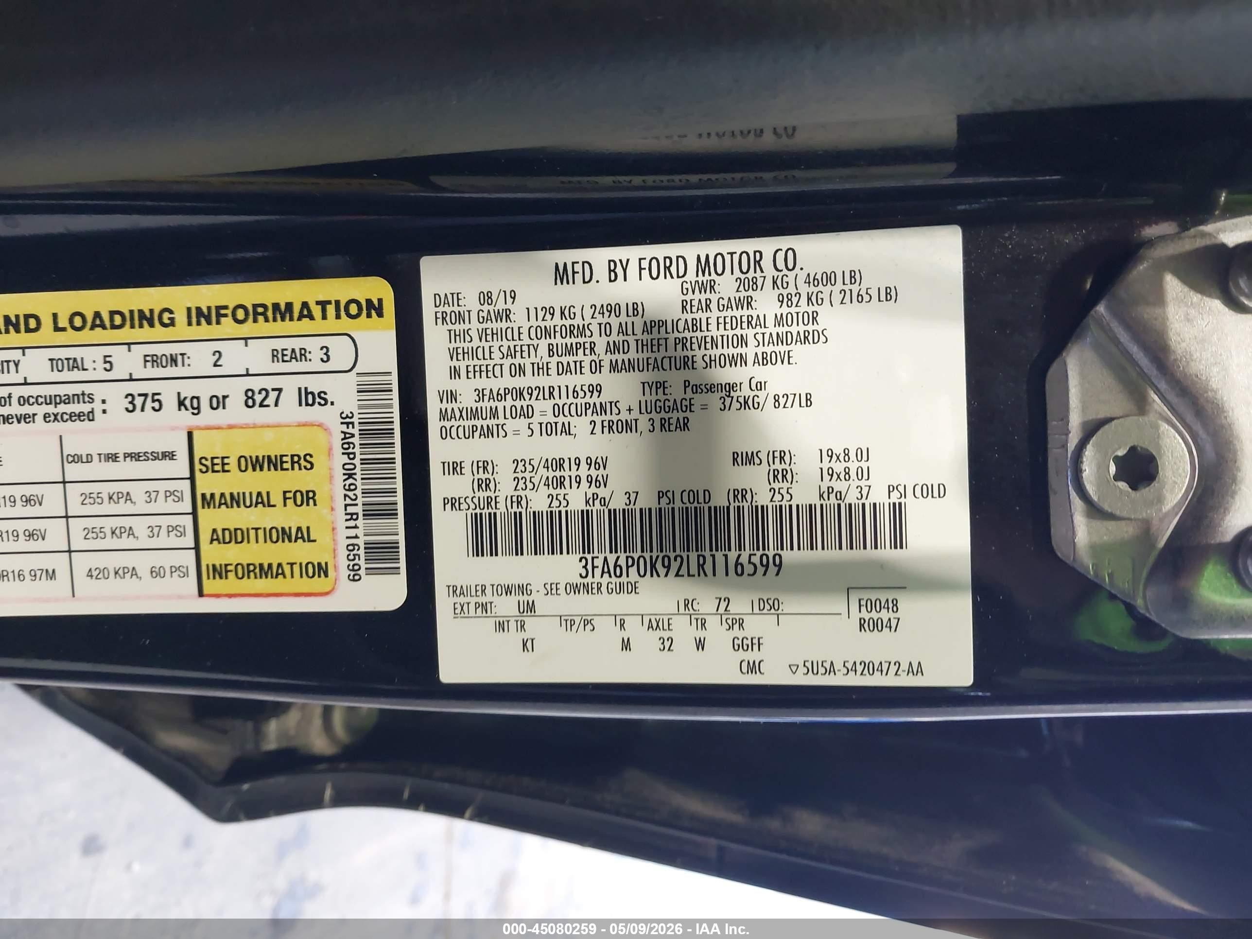 2020 Ford Fusion Titanium Black vin: 3FA6P0K92LR116599
