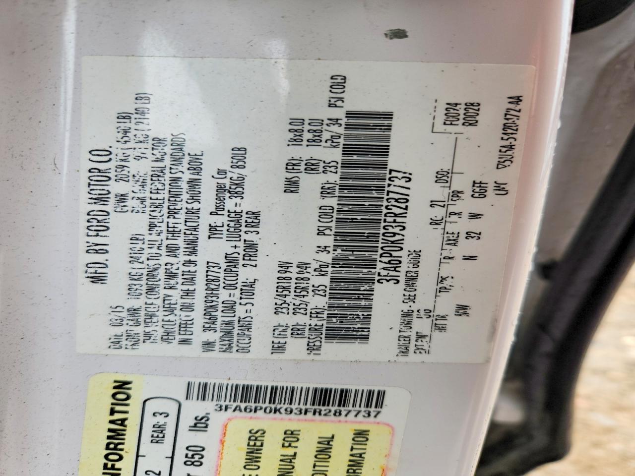 2015 Ford Fusion Titanium White vin: 3FA6P0K93FR287737