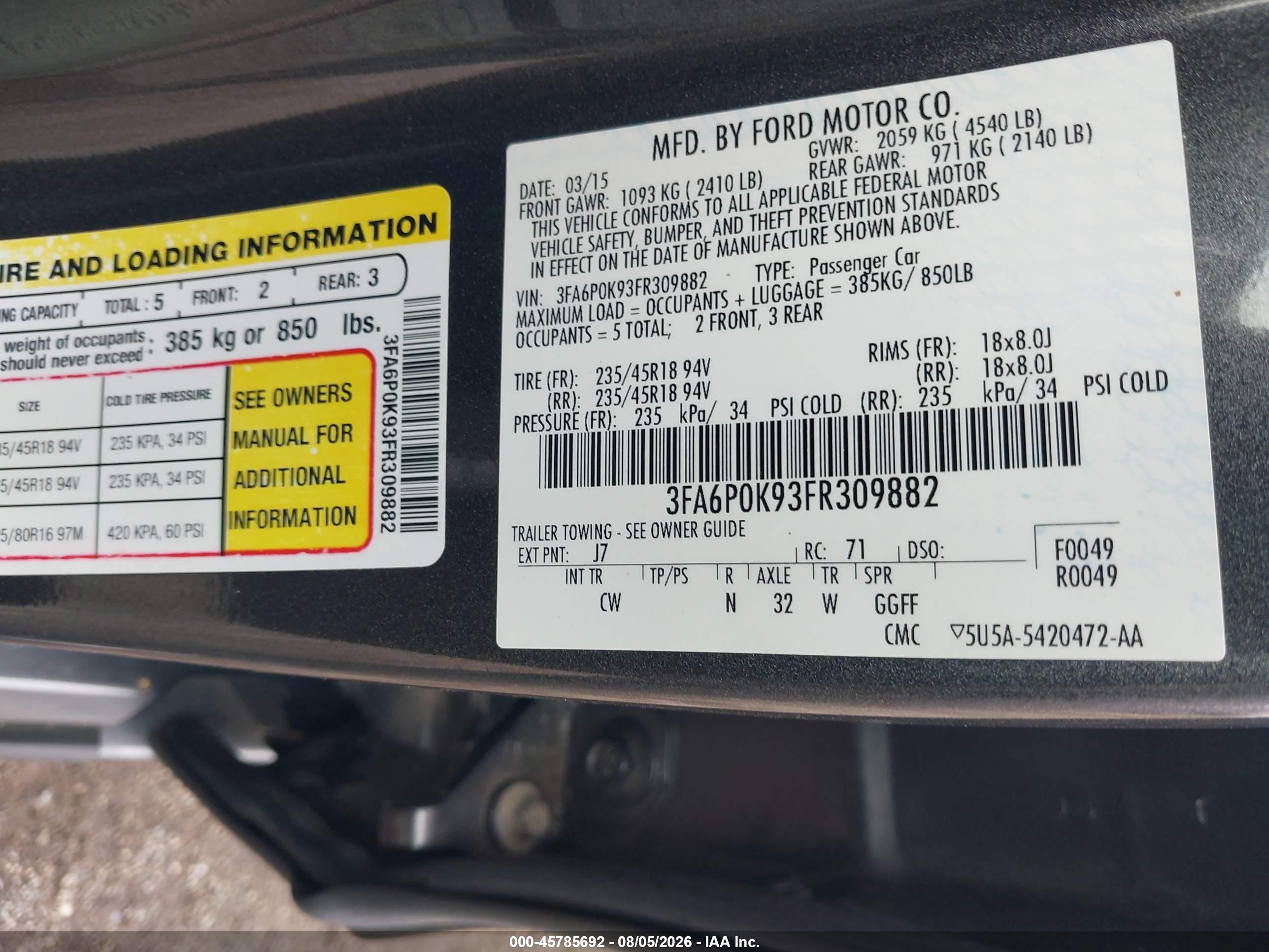 2015 Ford Fusion Titanium Gray vin: 3FA6P0K93FR309882