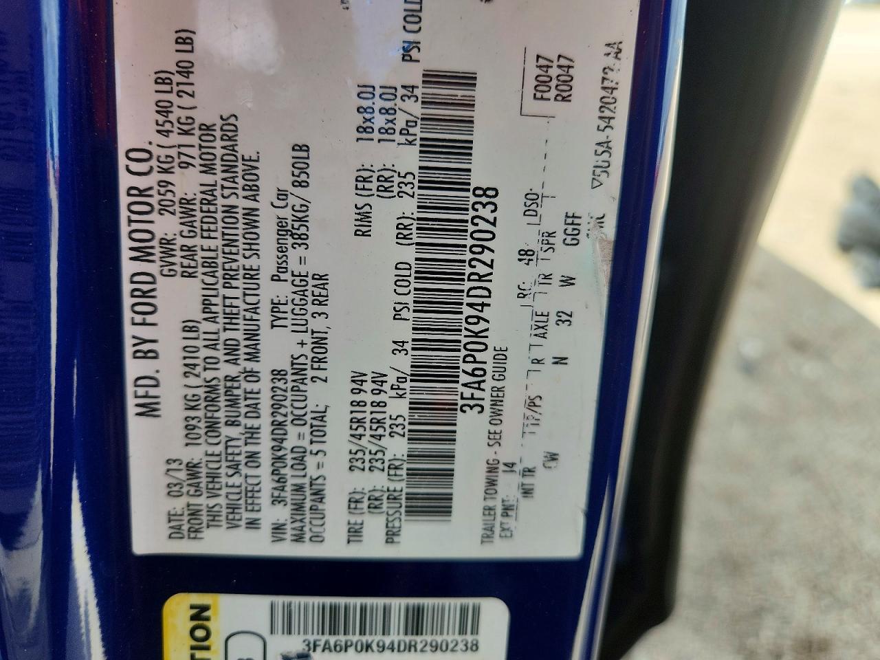 2013 Ford Fusion Titanium Blue vin: 3FA6P0K94DR290238