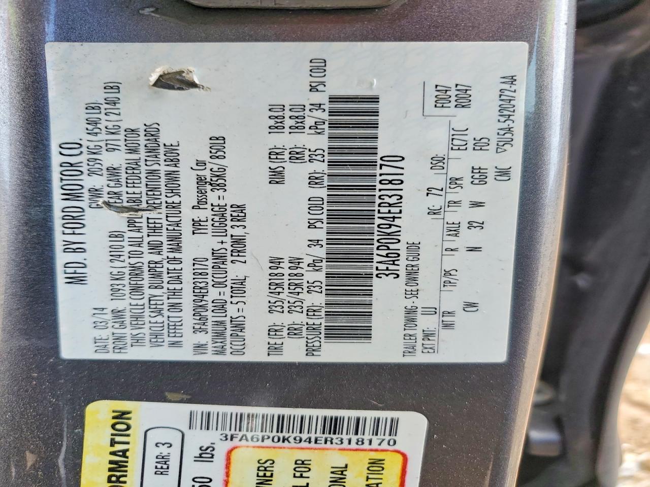 2014 Ford Fusion Titanium Gray vin: 3FA6P0K94ER318170