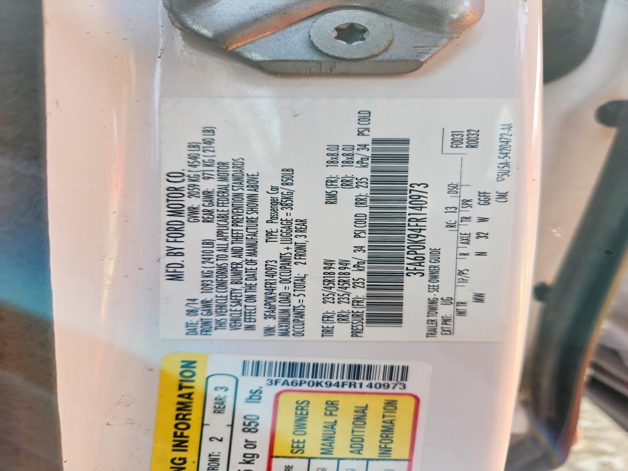2015 Ford Fusion S Fwd White vin: 3FA6P0K94FR140973