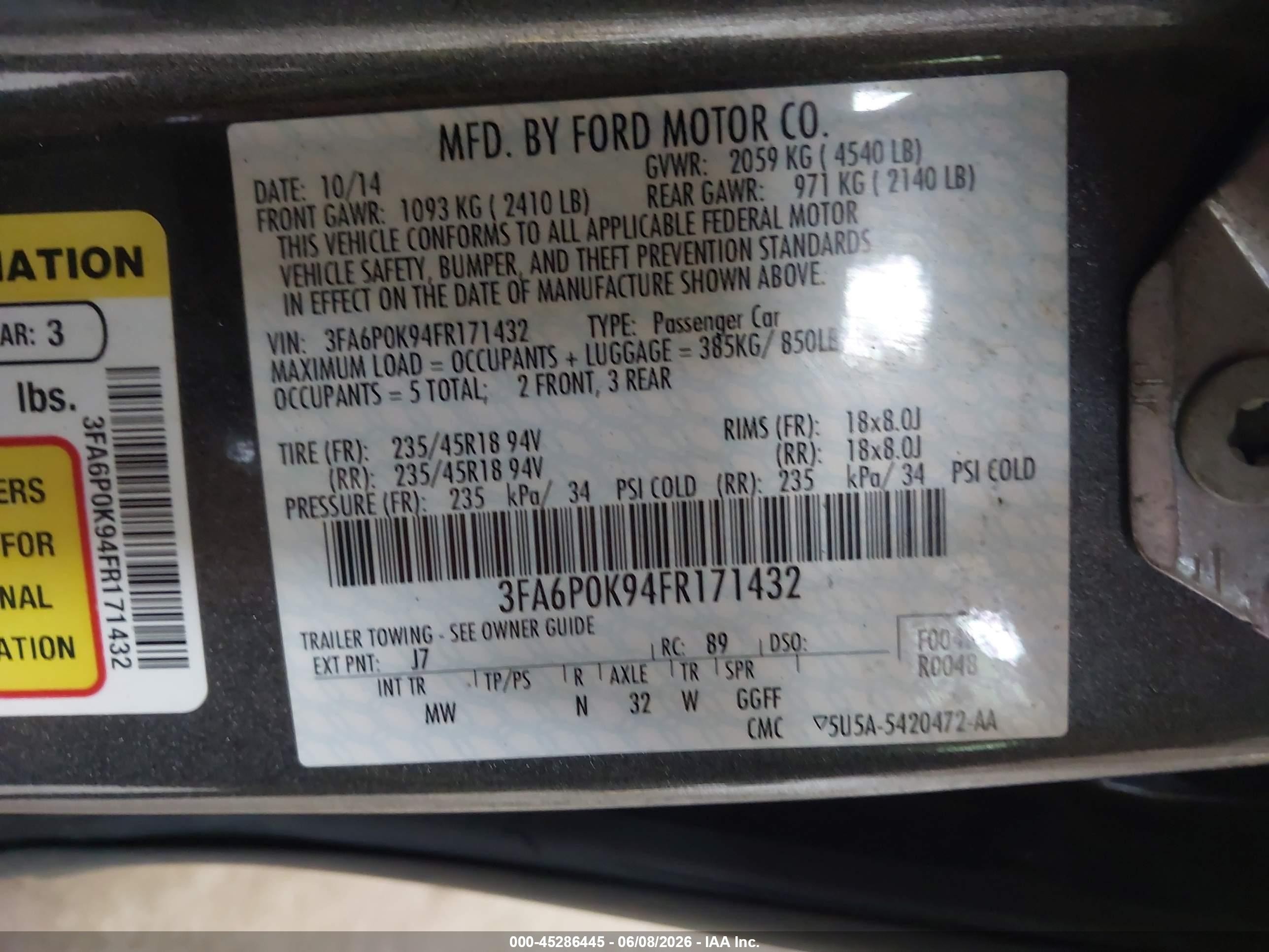 2015 Ford Fusion Titanium Gray vin: 3FA6P0K94FR171432