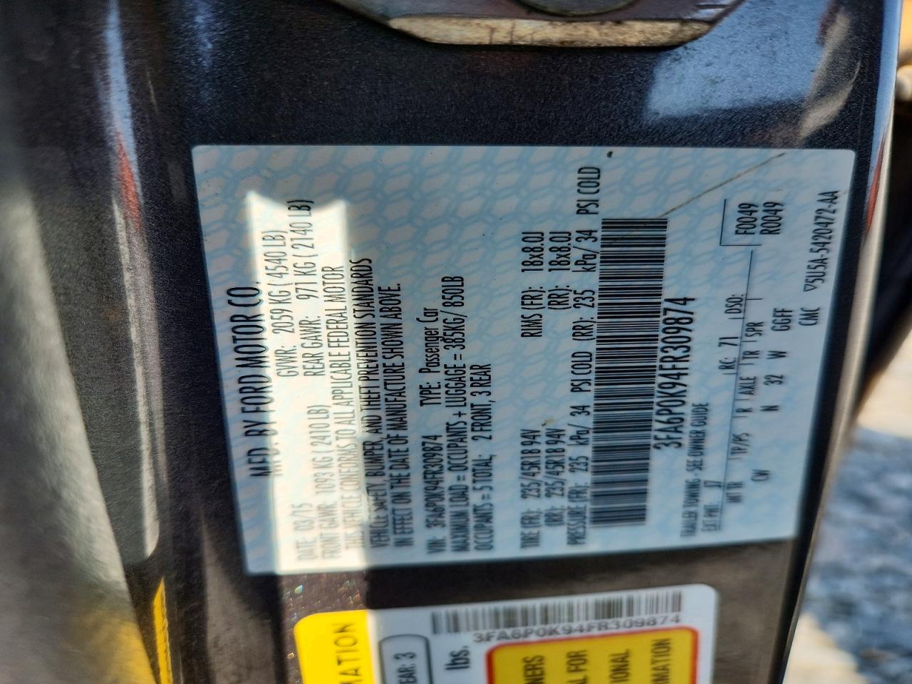2015 Ford Fusion Titanium Серый vin: 3FA6P0K94FR309874