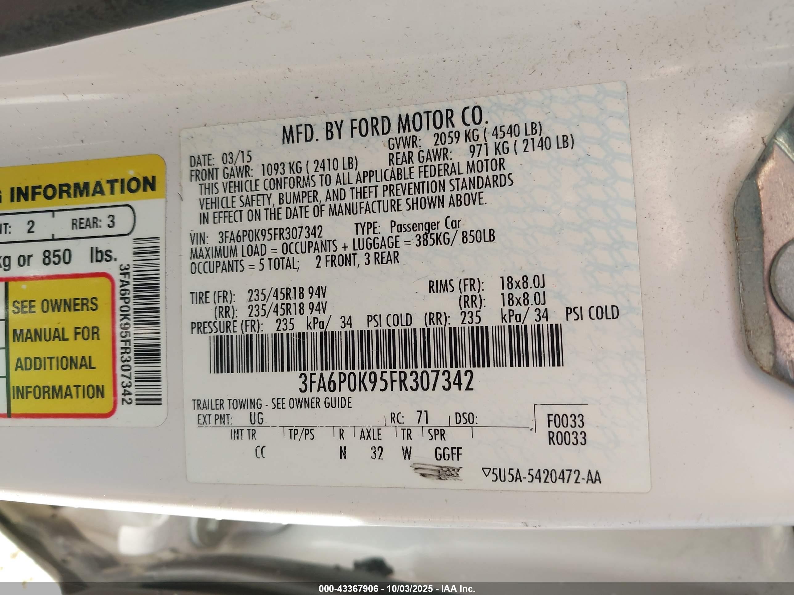 2015 Ford Fusion Titanium White vin: 3FA6P0K95FR307342
