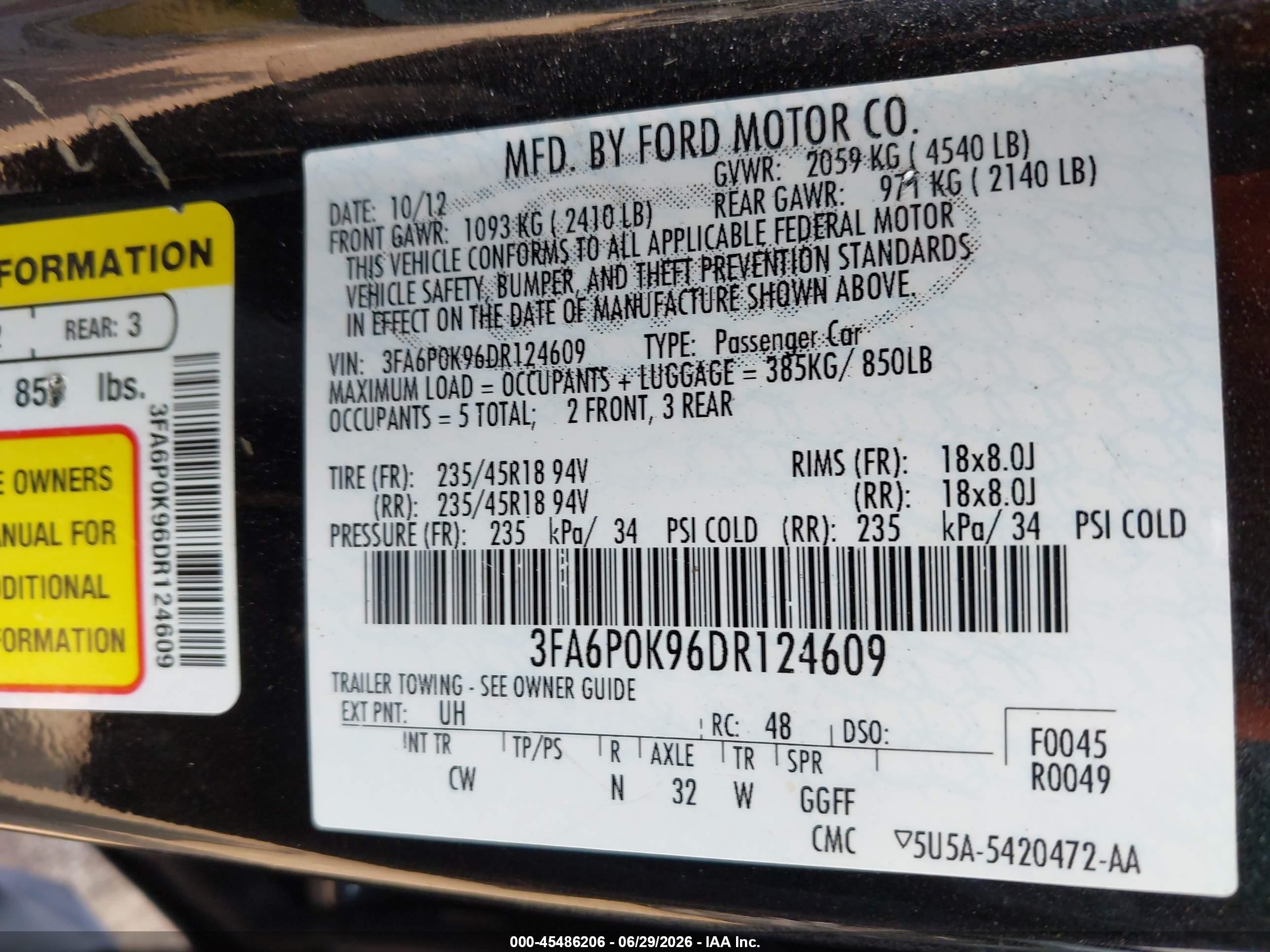 2013 Ford Fusion Titanium Black vin: 3FA6P0K96DR124609