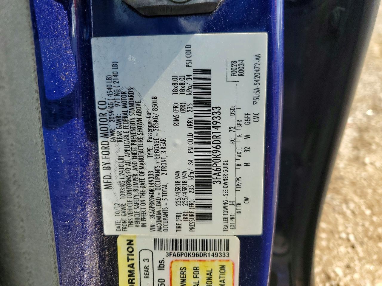 2013 Ford Fusion Titanium Blue vin: 3FA6P0K96DR149333