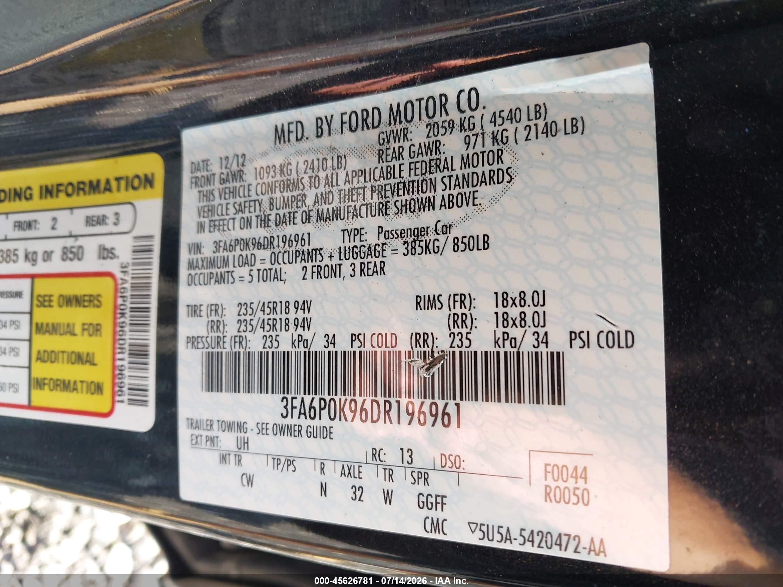 2013 Ford Fusion Titanium Black vin: 3FA6P0K96DR196961