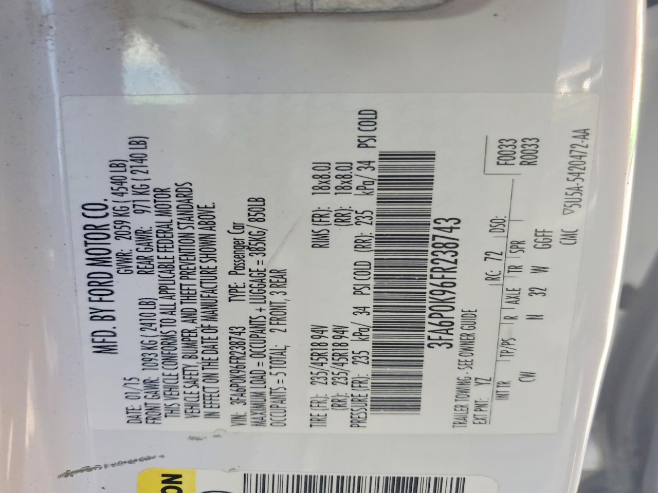 2015 Ford Fusion Titanium White vin: 3FA6P0K96FR238743