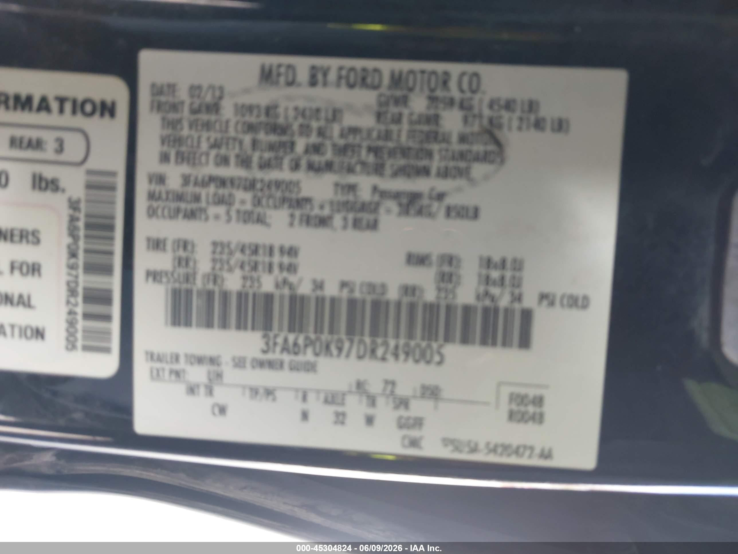 2013 Ford Fusion Titanium Black vin: 3FA6P0K97DR249005