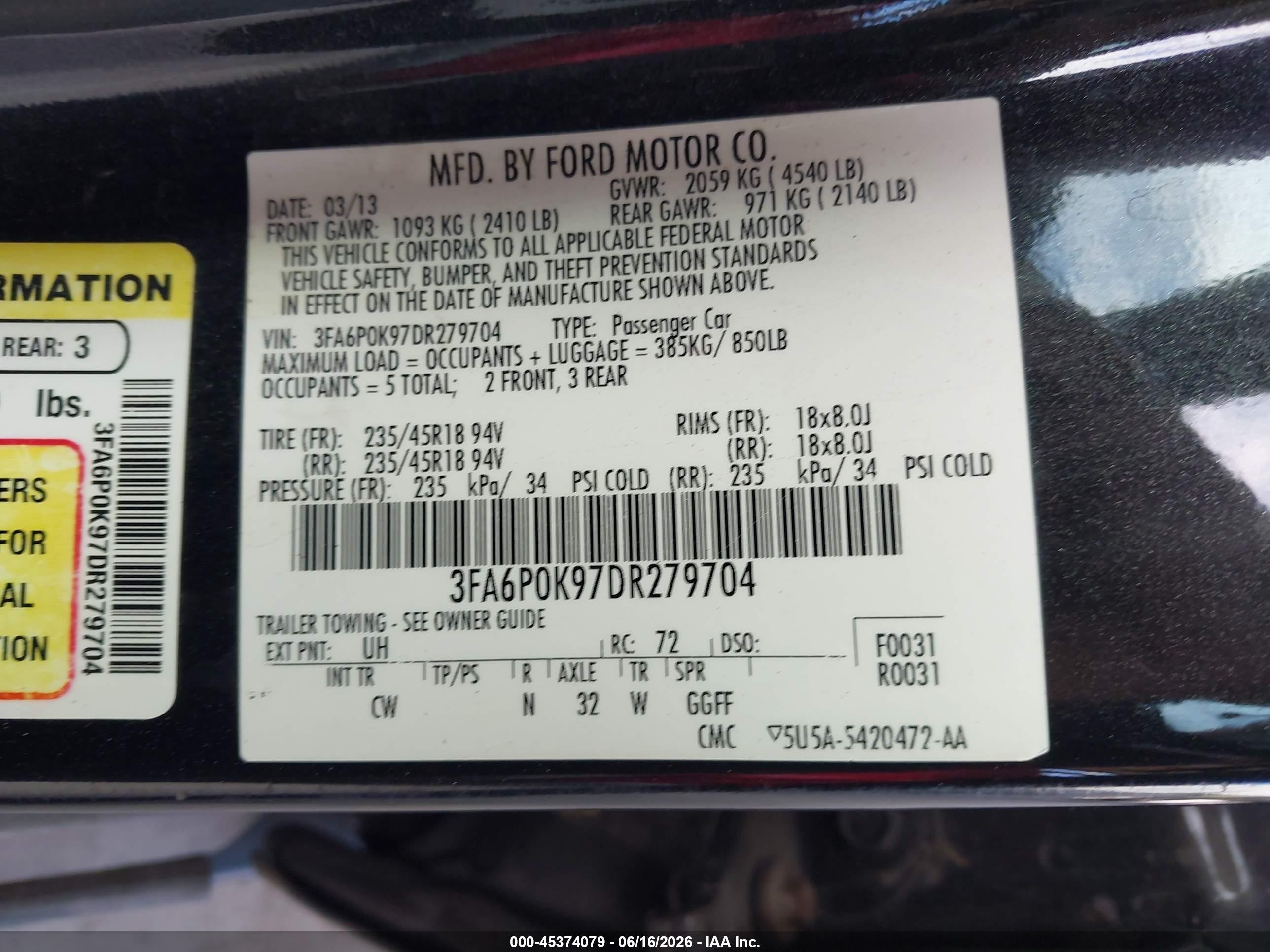 2013 Ford Fusion Titanium Black vin: 3FA6P0K97DR279704