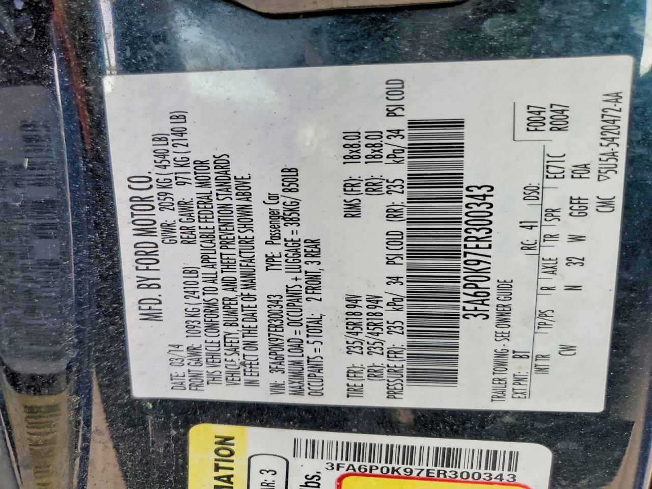 2014 Ford Fusion Titanium Blue vin: 3FA6P0K97ER300343