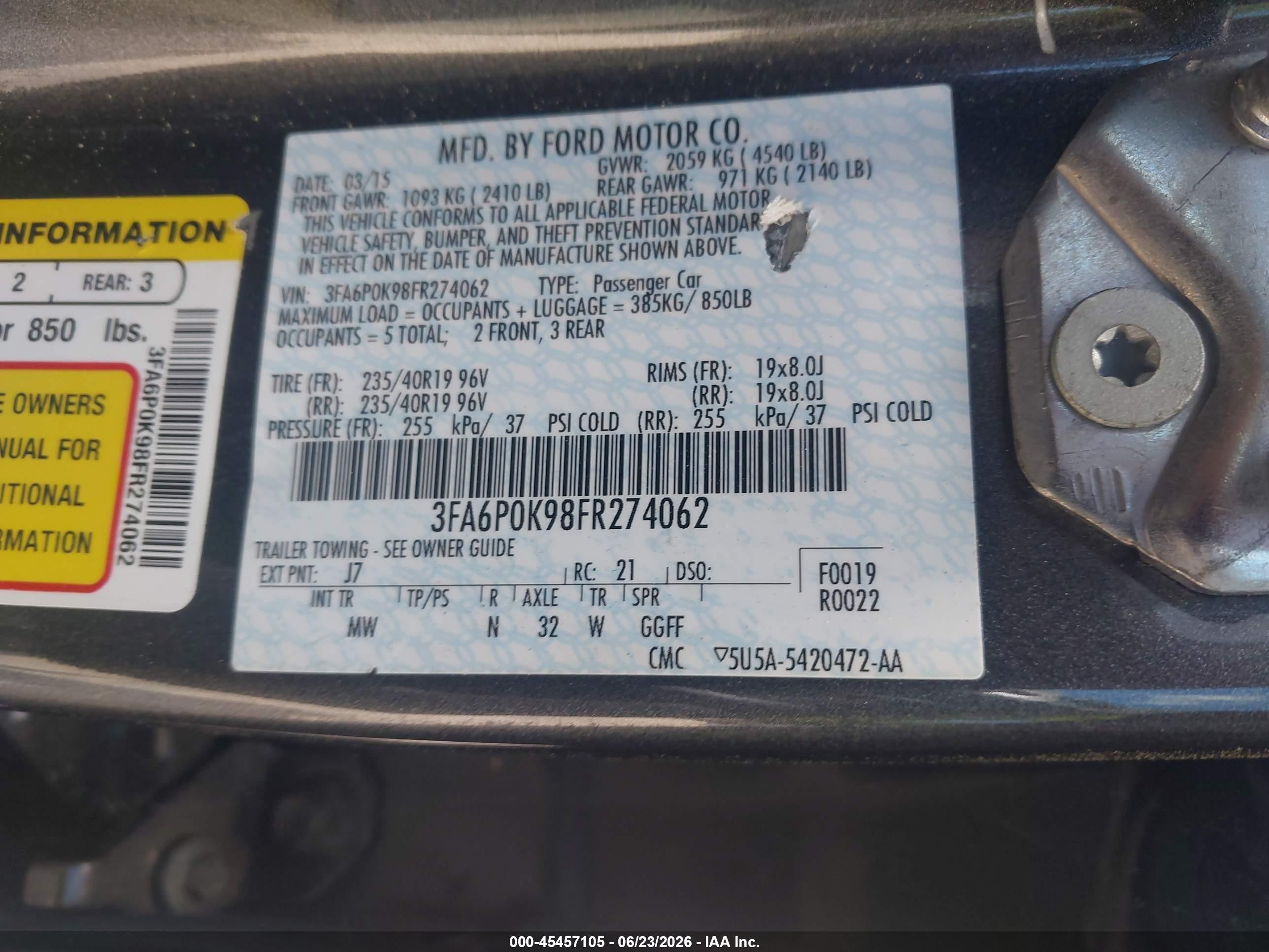 2015 Ford Fusion Titanium Gray vin: 3FA6P0K98FR274062