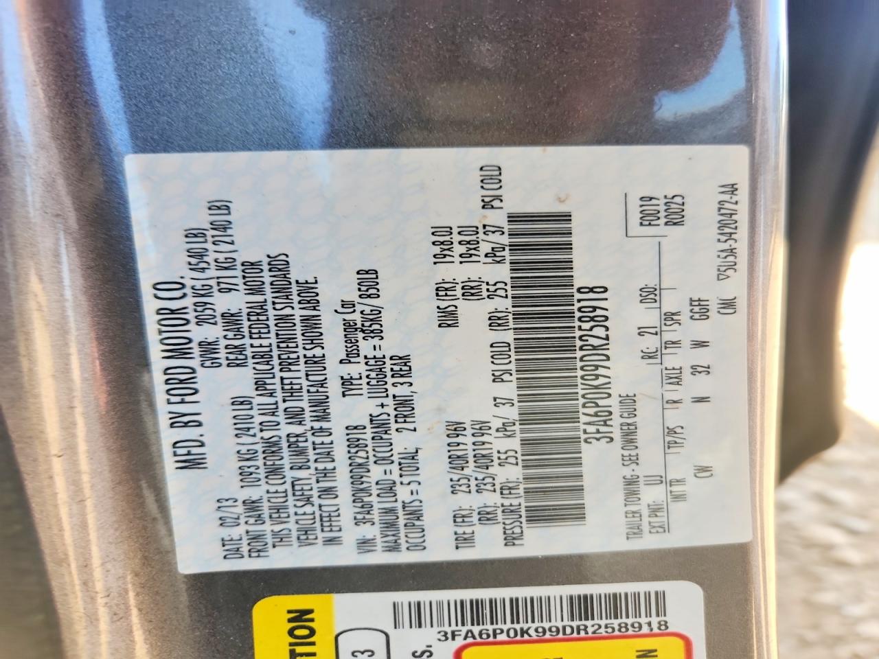 2013 Ford Fusion Titanium Charcoal vin: 3FA6P0K99DR258918