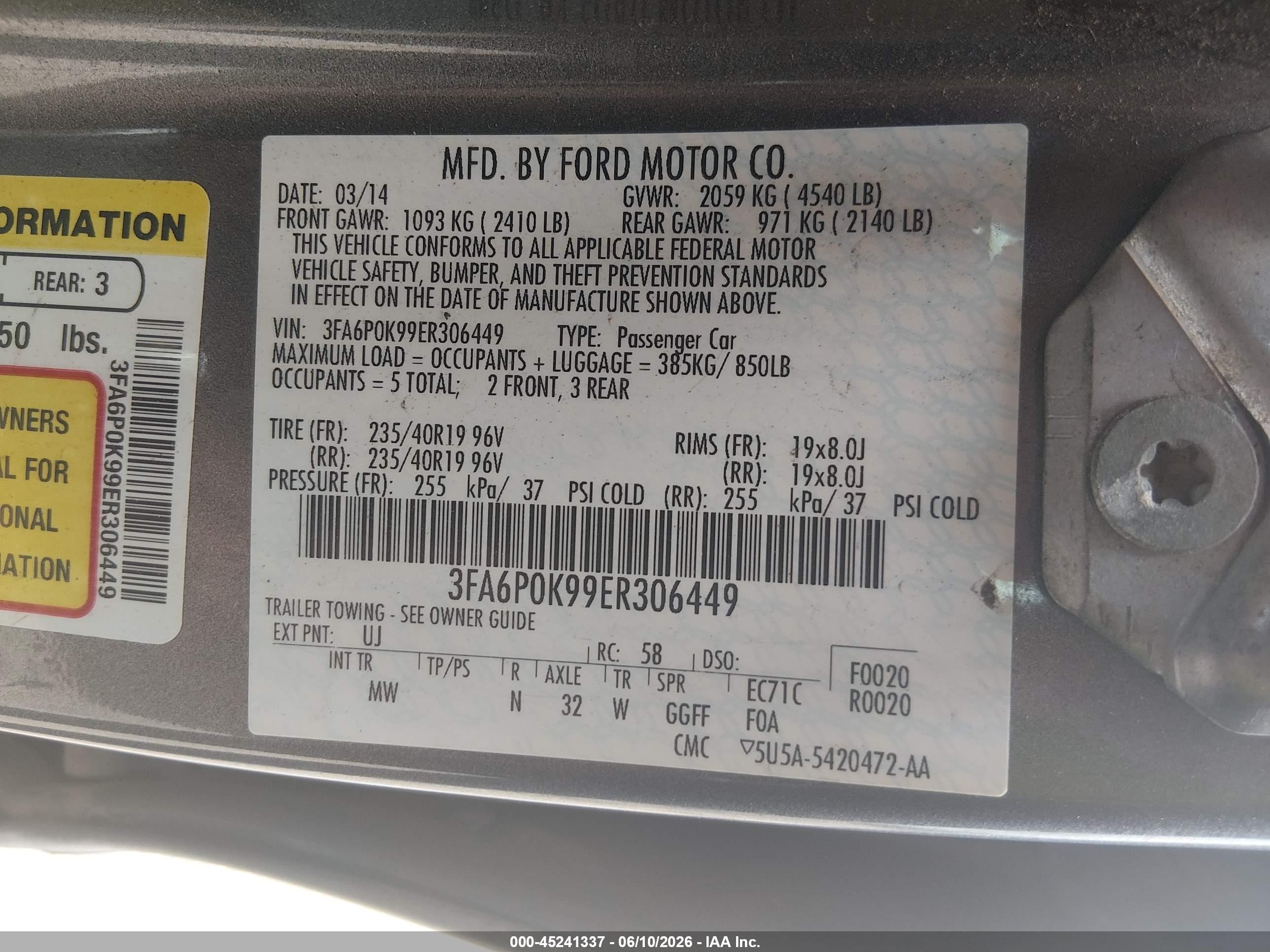 2014 Ford Fusion Titanium Gray vin: 3FA6P0K99ER306449