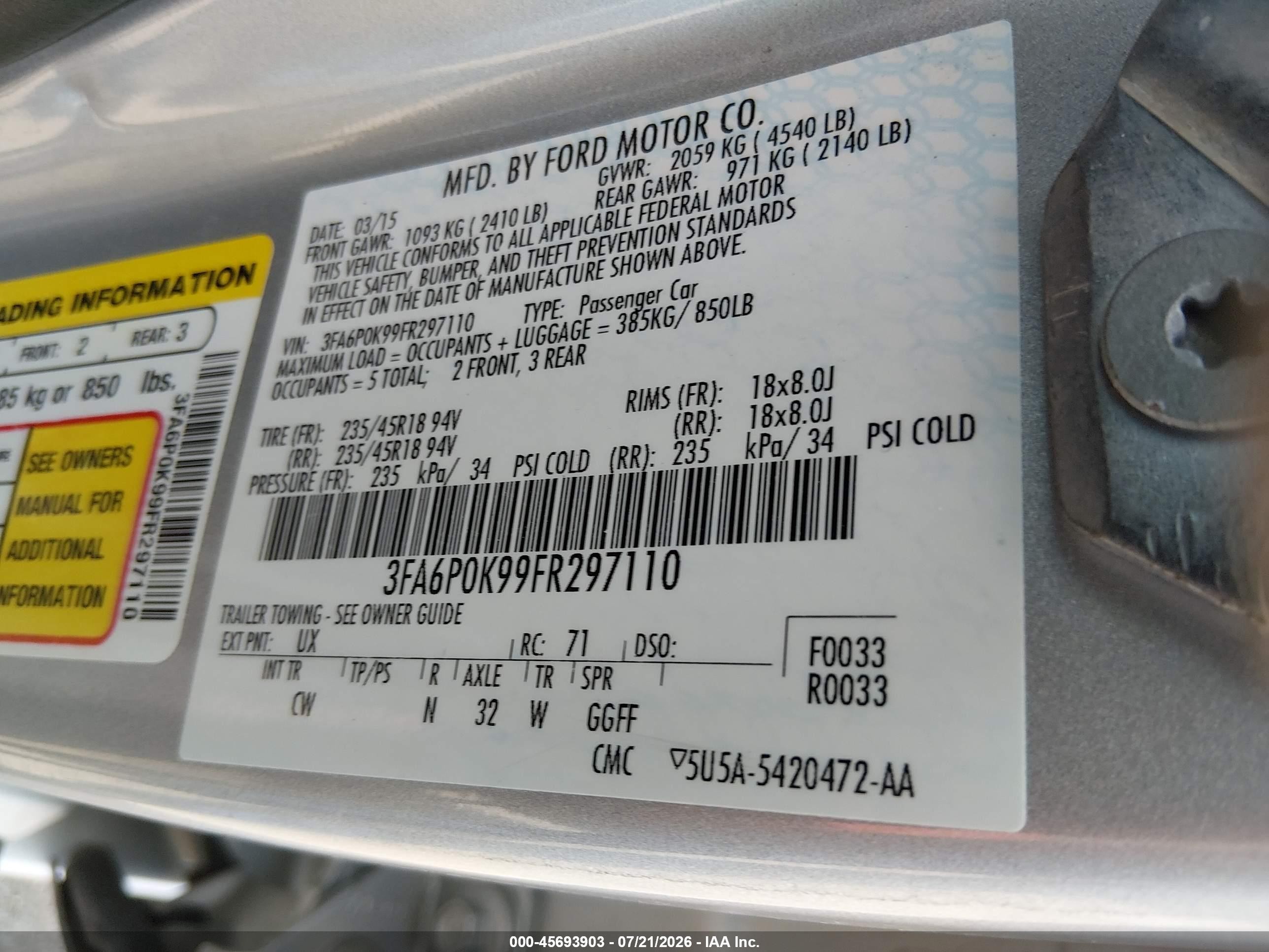 2015 Ford Fusion Titanium Silver vin: 3FA6P0K99FR297110