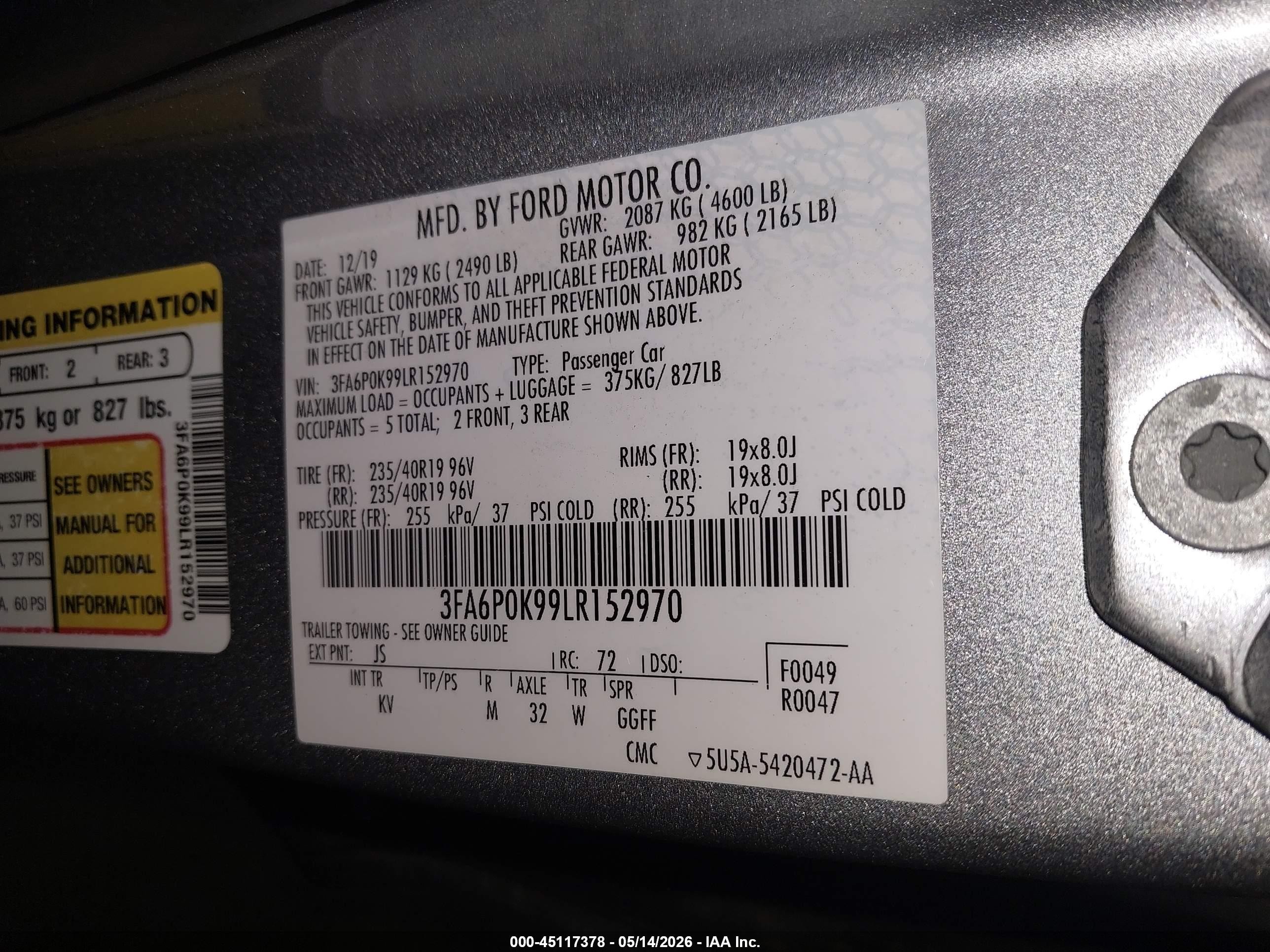 2020 Ford Fusion Titanium Gray vin: 3FA6P0K99LR152970
