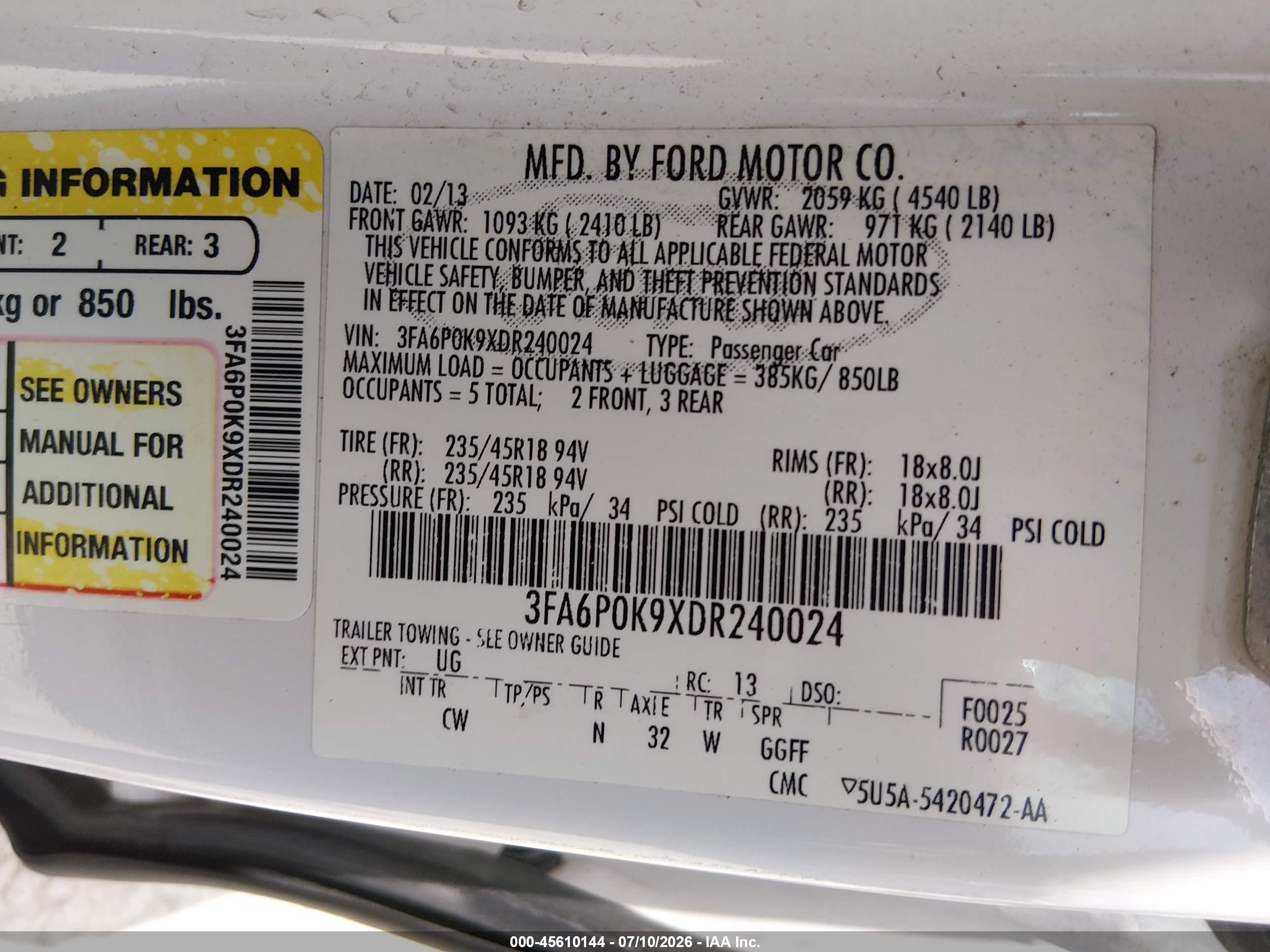 2013 Ford Fusion Titanium White vin: 3FA6P0K9XDR240024