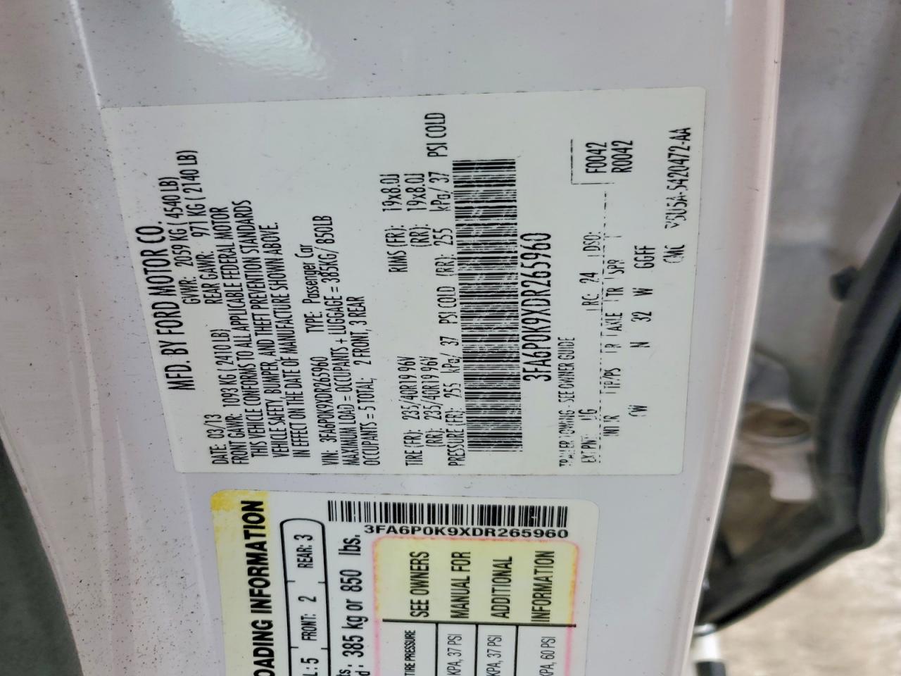 2013 Ford Fusion Titanium White vin: 3FA6P0K9XDR265960