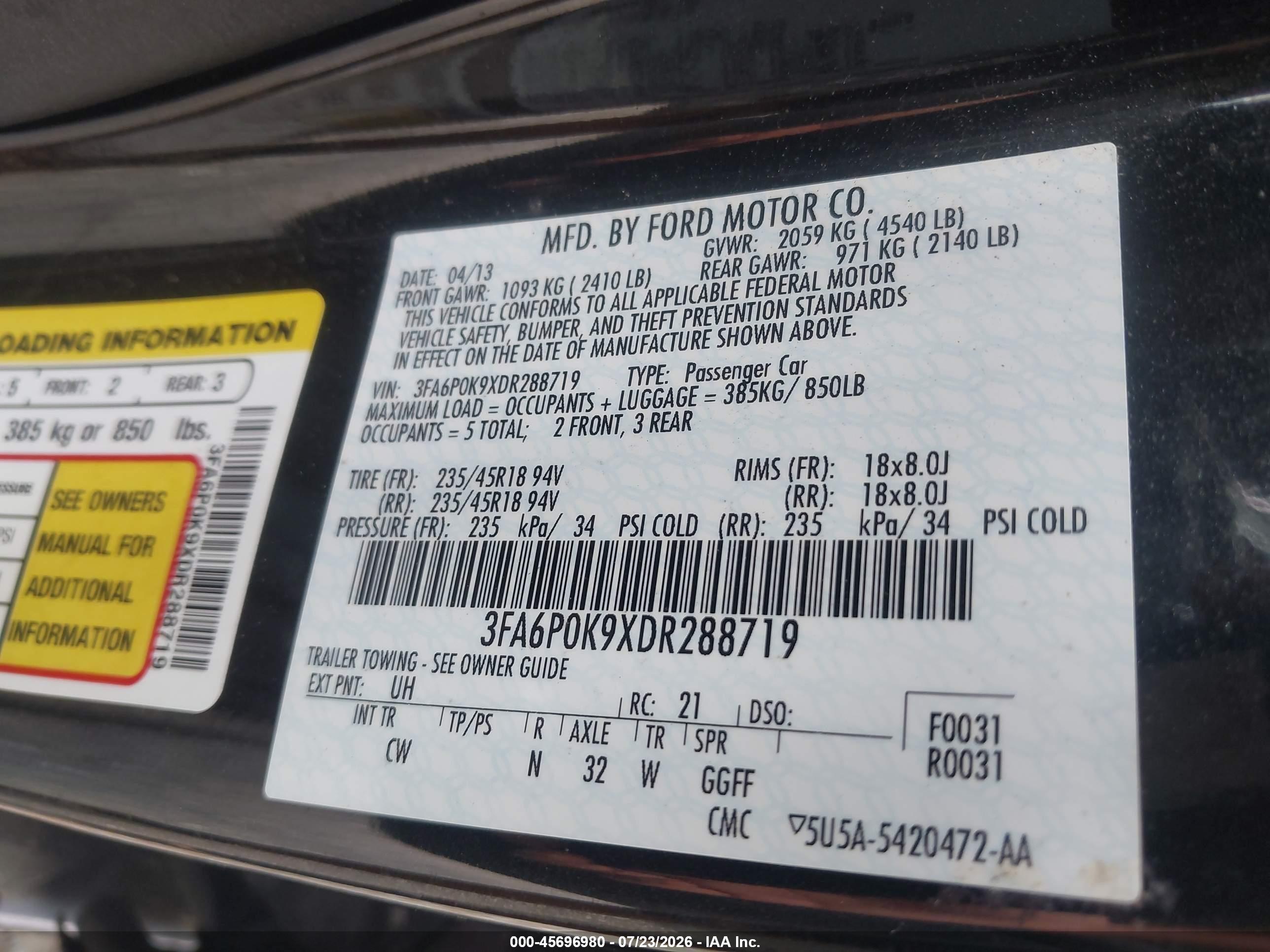 2013 Ford Fusion Titanium Black vin: 3FA6P0K9XDR288719