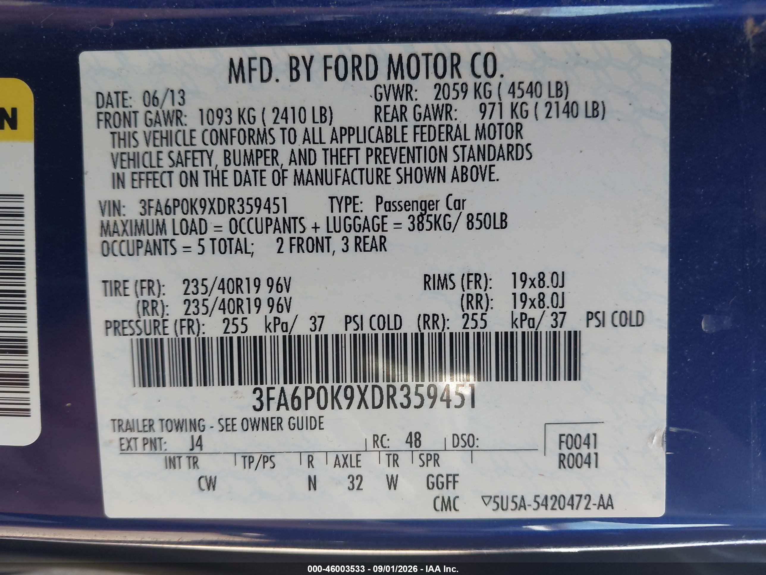 2013 Ford Fusion Titanium Blue vin: 3FA6P0K9XDR359451