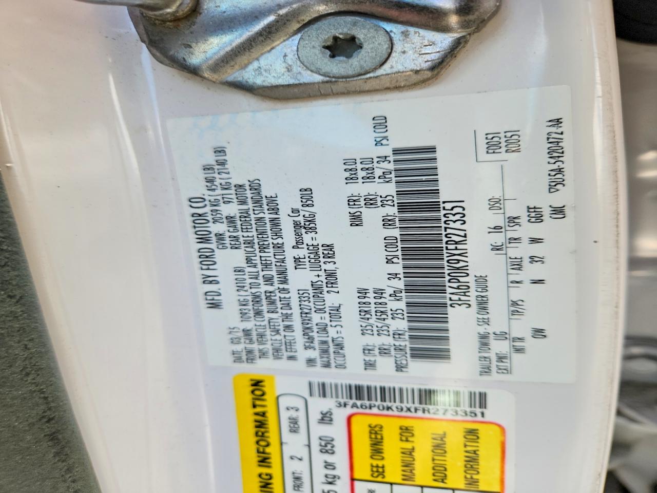 2015 Ford Fusion Titanium White vin: 3FA6P0K9XFR273351