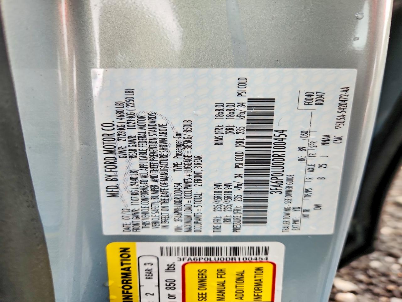 2013 Ford Fusion Se Hybrid Turquoise vin: 3FA6P0LU0DR100454
