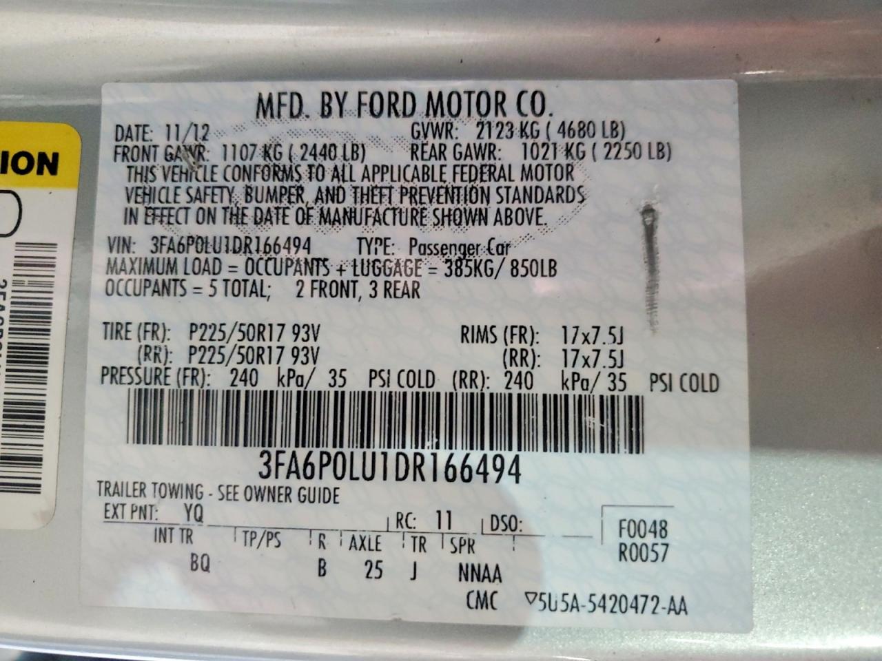 2013 Ford Fusion Se Hybrid Turquoise vin: 3FA6P0LU1DR166494