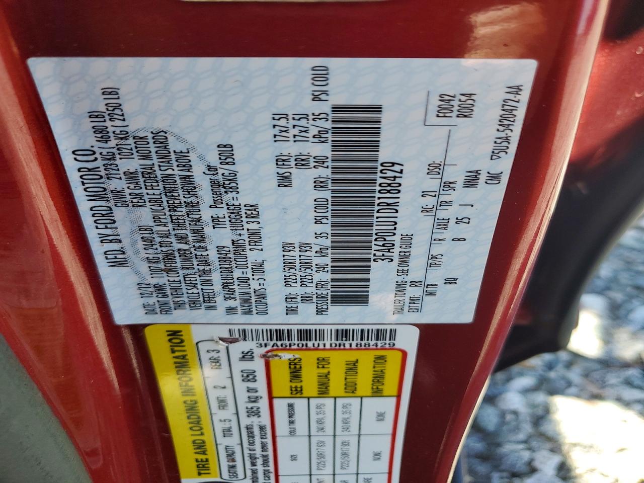 2013 Ford Fusion Se Hybrid Burgundy vin: 3FA6P0LU1DR188429