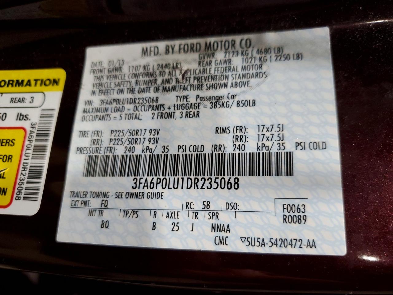 2013 Ford Fusion Se Hybrid Burgundy vin: 3FA6P0LU1DR235068