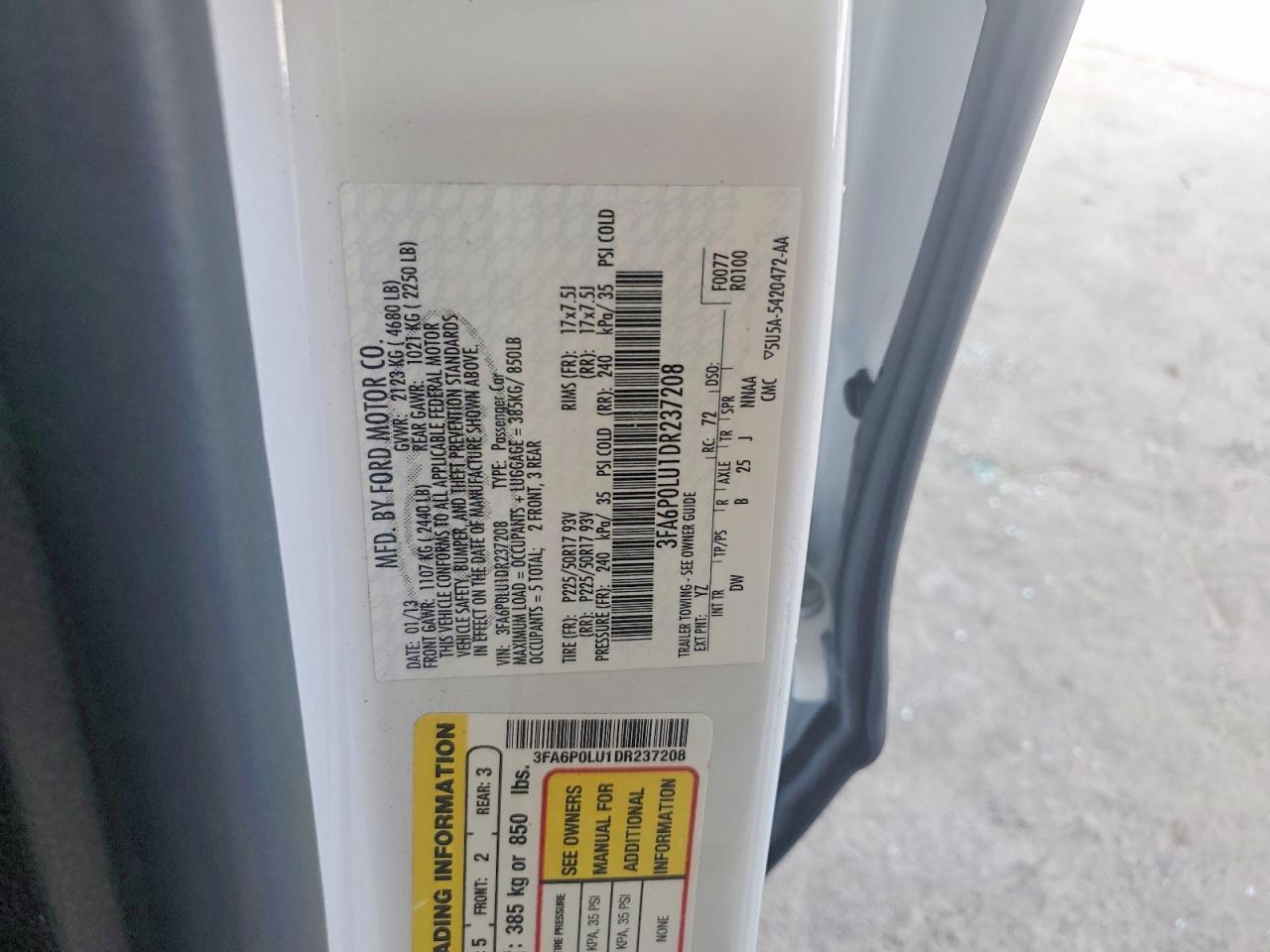 2013 Ford Fusion Se Hybrid White vin: 3FA6P0LU1DR237208