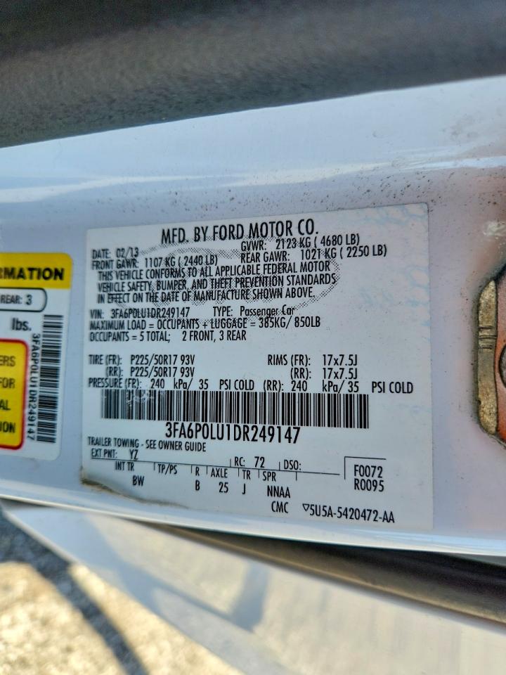 2013 Ford Fusion Se Hybrid White vin: 3FA6P0LU1DR249147
