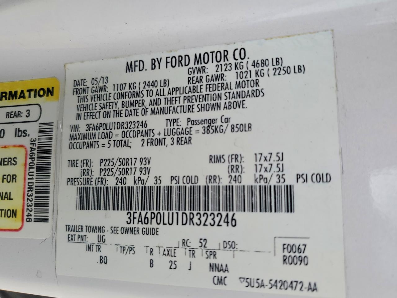 2013 Ford Fusion Se Hybrid White vin: 3FA6P0LU1DR323246