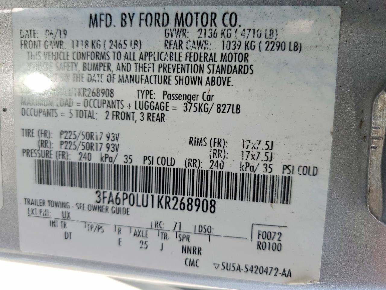 2019 Ford Fusion Se Silver vin: 3FA6P0LU1KR268908