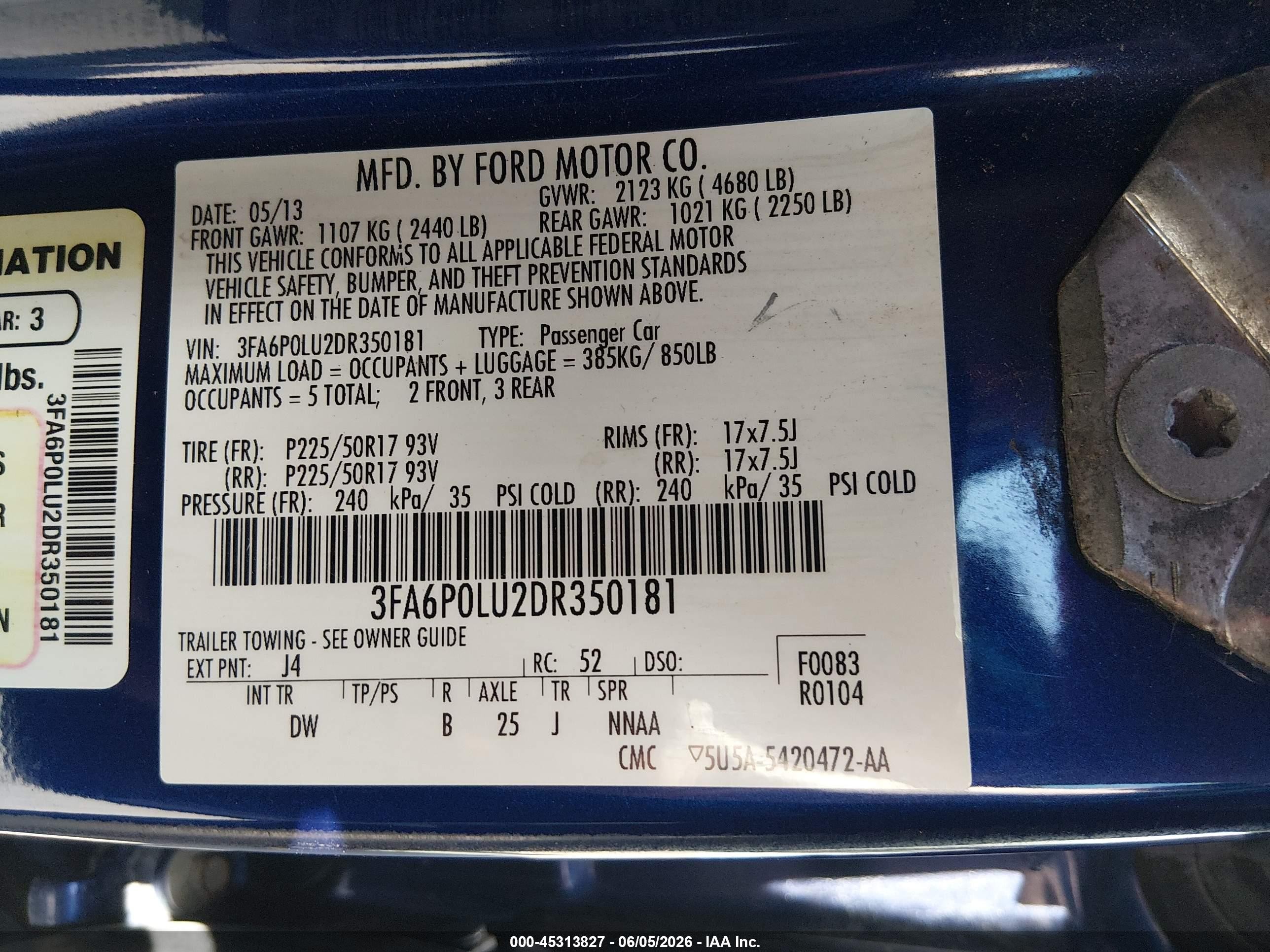 2013 Ford Fusion Hybrid Se Blue vin: 3FA6P0LU2DR350181
