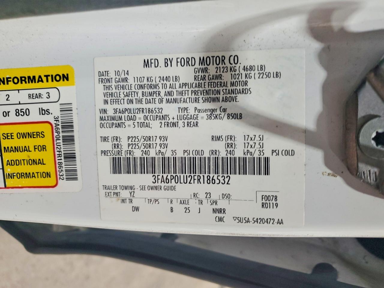 2015 Ford Fusion Se Hybrid White vin: 3FA6P0LU2FR186532