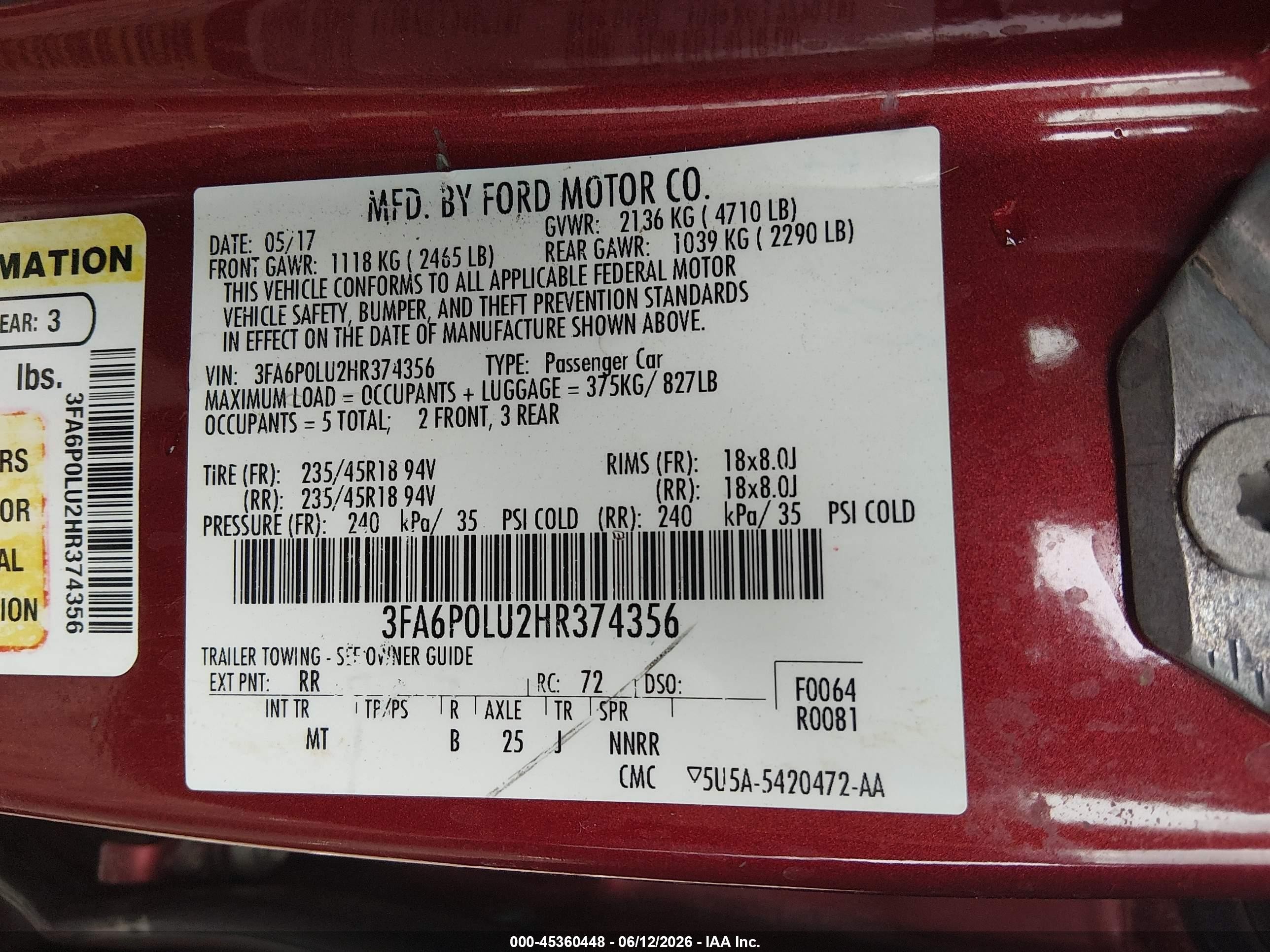 2017 Ford Fusion Hybrid Se Maroon vin: 3FA6P0LU2HR374356