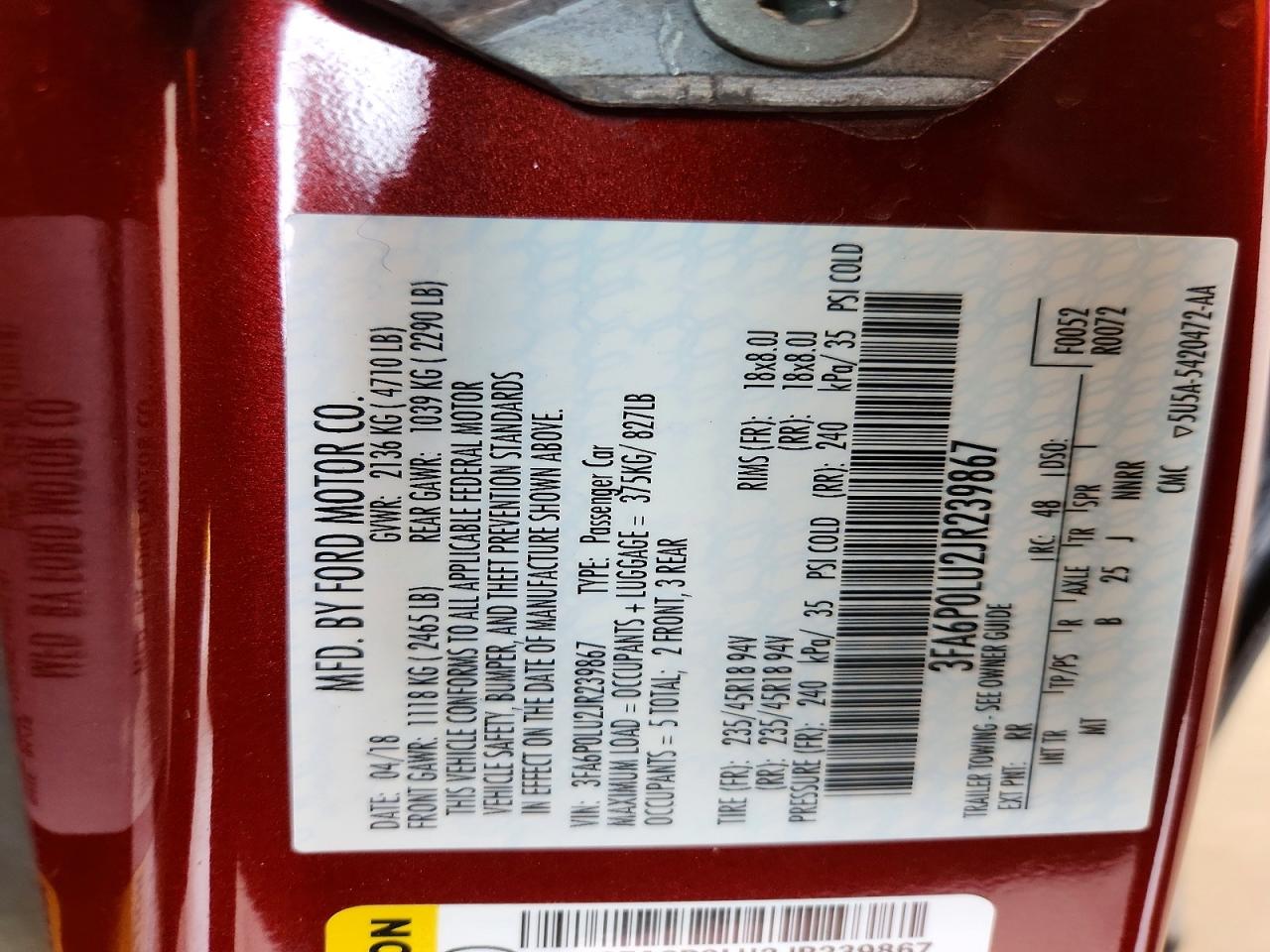 2018 Ford Fusion Se Hybrid Burgundy vin: 3FA6P0LU2JR239867
